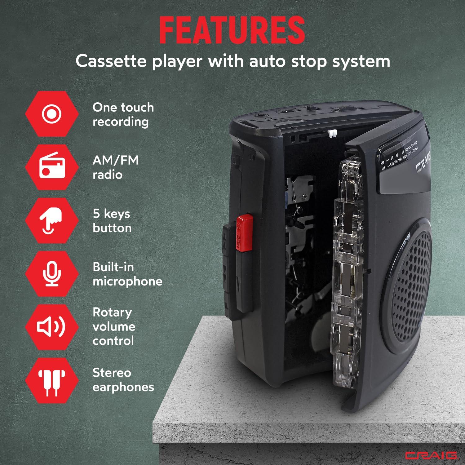 Craig Craig Stereo Cassette Player/Recorder with Earphones: Portable AM/FM Radio & One-Touch Recording System