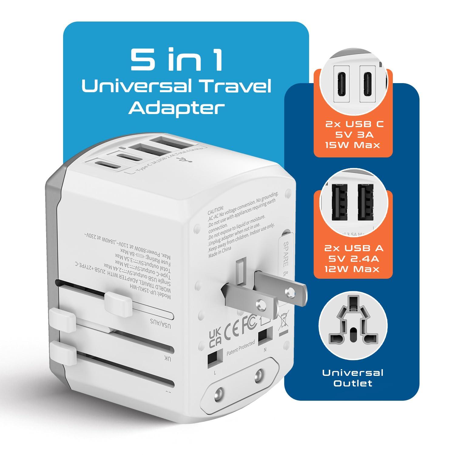 Ceptics Ceptics Universal Travel Adapter 17.5W, 5 in 1 Universal Laptop Charger with 2X USB-A & USB-C 3.5A for Mobiles, Laptops, Cameras US, UK, EU, AU, All in 1 Type A, C, G, I Output, White