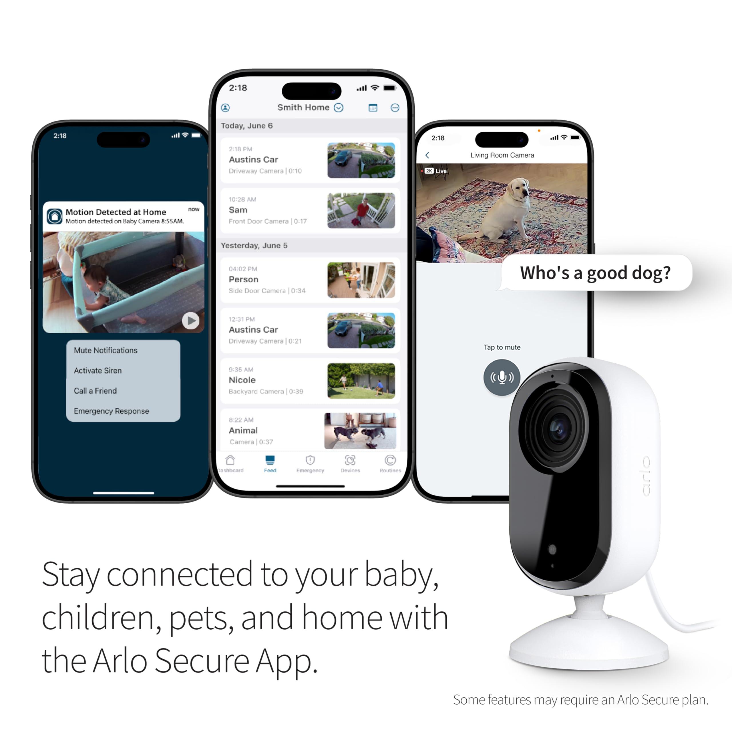 Arlo Arlo Essential Security Camera 2K | Indoor Only| 2nd Gen | Baby Monitor & Pet Camera | Wired Automated Privacy Shield, 2-Way Audio, Night Vision, Live Stream, Motion Alerts & Notifications White,1 Cam