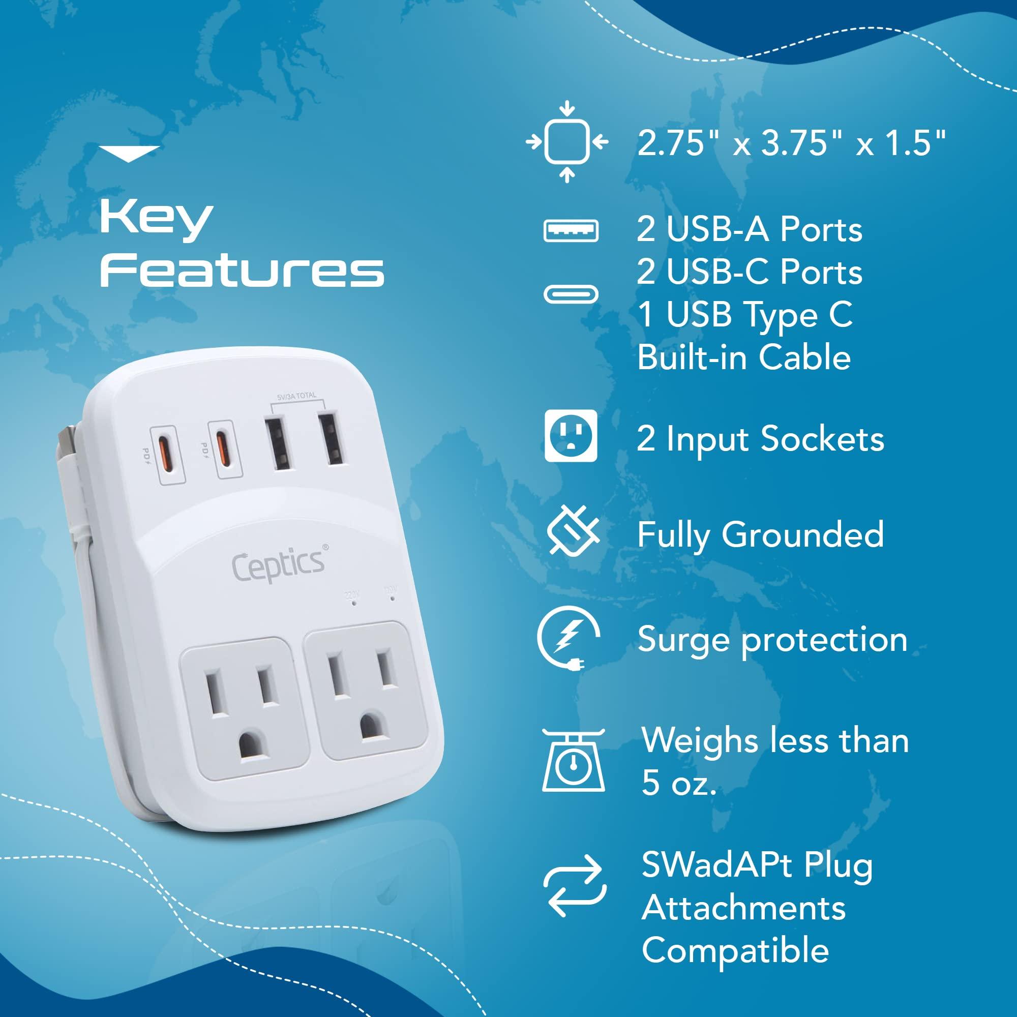Ceptics Ceptics World Travel Adapter Kit 2 USB-A, USB-C US Outlets, 20W/QC 18W Power Delivery, Surge Protection, SWADAPT Compatible for Europe, UK, China, Australia, Japan Perfect Laptop (WPS-5B)