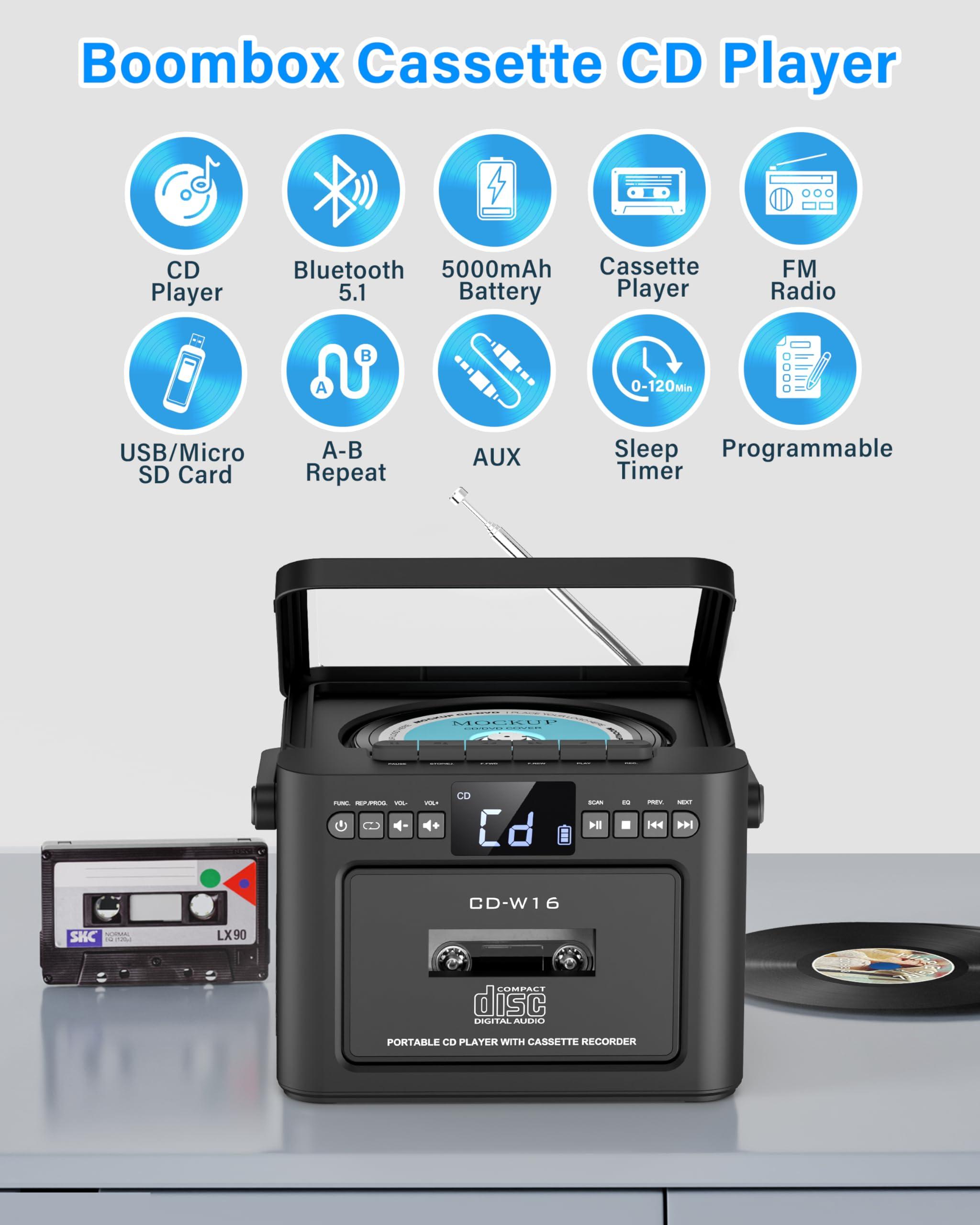 Greadio Greadio Boombox CD and Cassette Player Combo, 5000mAh Rechargable CD Player Boombox with Bluetooth Receive/Transmit/FM Radio/USB/TF/AUX/Remote Control, Boom Box CD Cassette Player for Home Outdoor