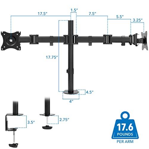 Mount-It! Mount-It! Dual Monitor Mount | Double Monitor Desk Stand Arm | Two Articulating Arms Fit 2 Screens 17 19 20 21 22 24 27 Inch Computer | VESA 75 100 Compatible Displays | C-Clamp Base