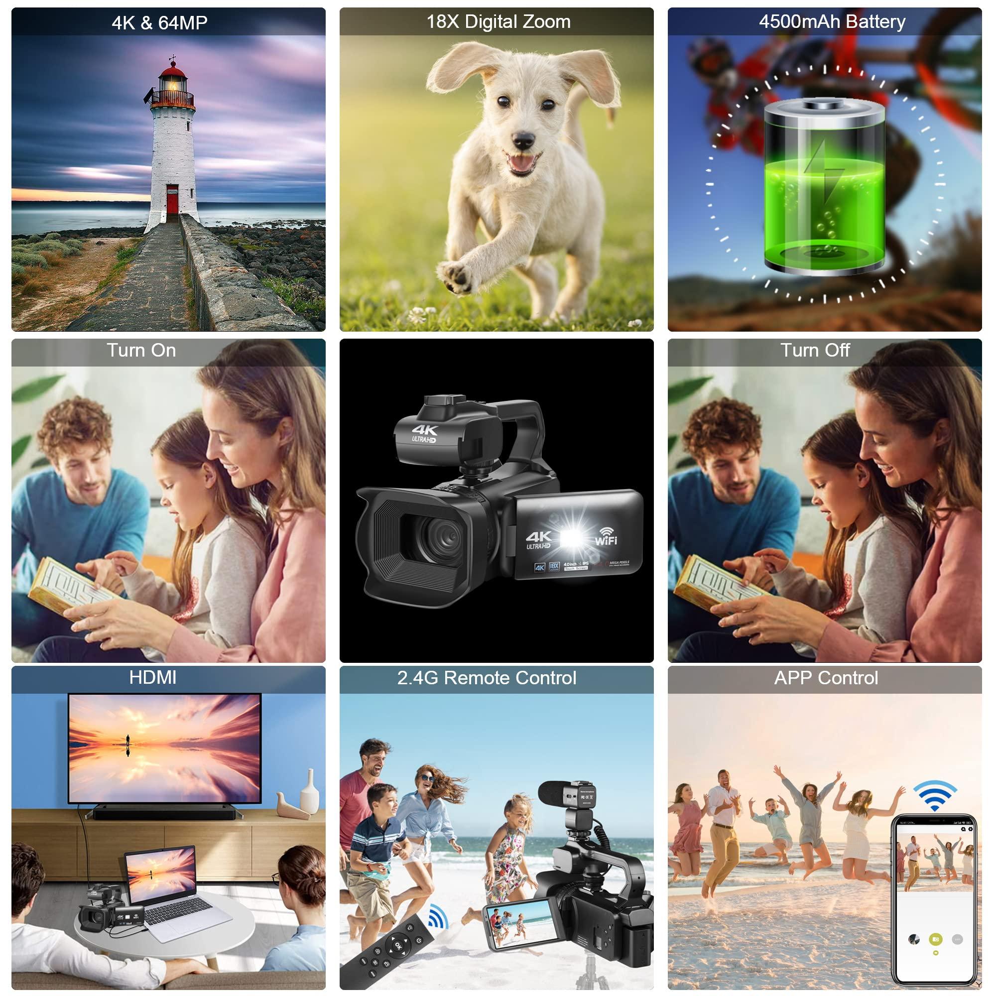 Lierhyt Lierhyt 4k Video Camera Camcorder with 18X Digital Zoom,64MP Vlogging Camera for YouTube,4.0-inch Rotating Touchscreen,64GB SD Card,Microphone,Remote Control,Durable Battery(Black)