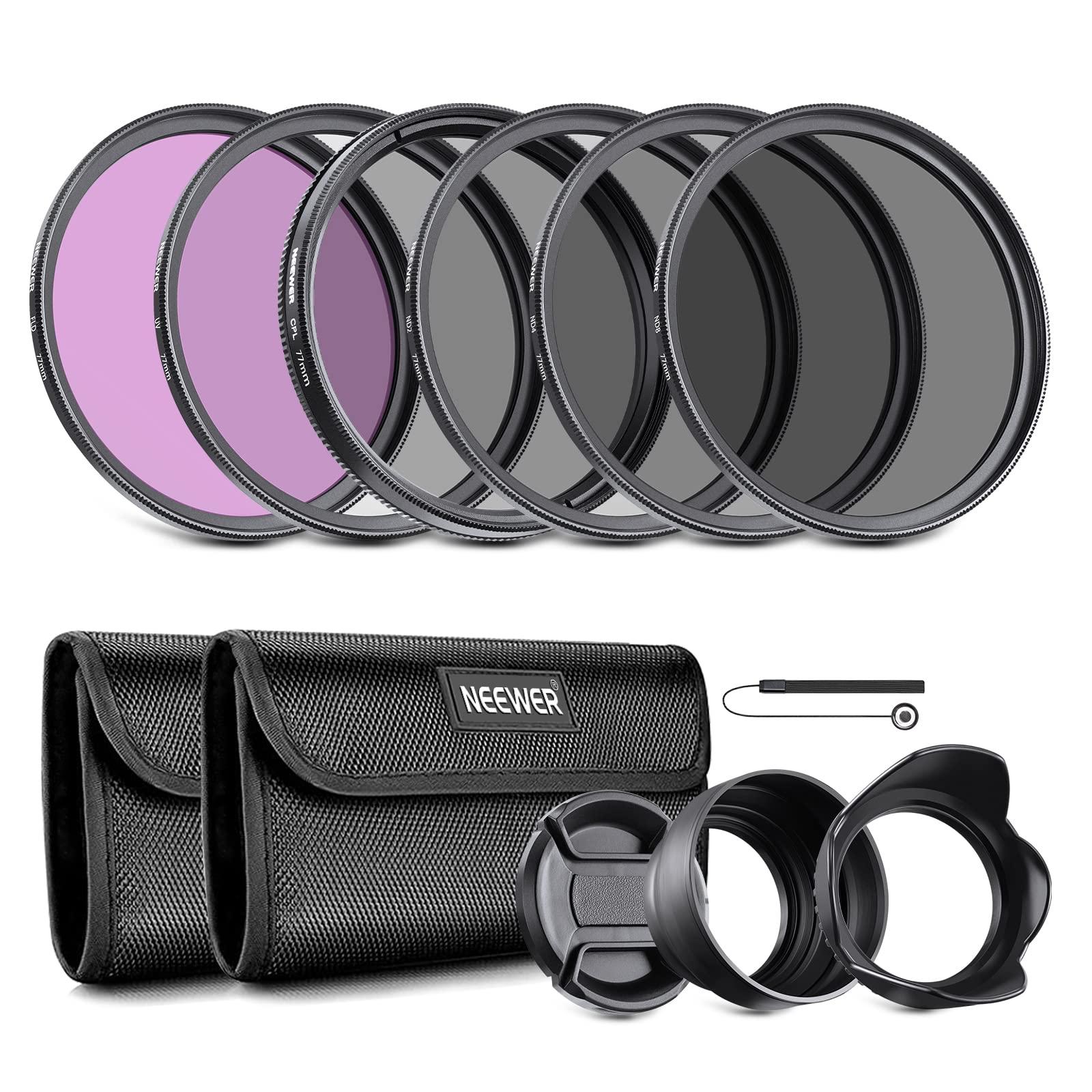 Neewer NEEWER 77mm ND Lens Filter Kit: UV, CPL, FLD, ND2, ND4, ND8, Lens Hood and Lens Cap Compatible with Canon Nikon Sony Panasonic DSLR Cameras with 77mm Lens