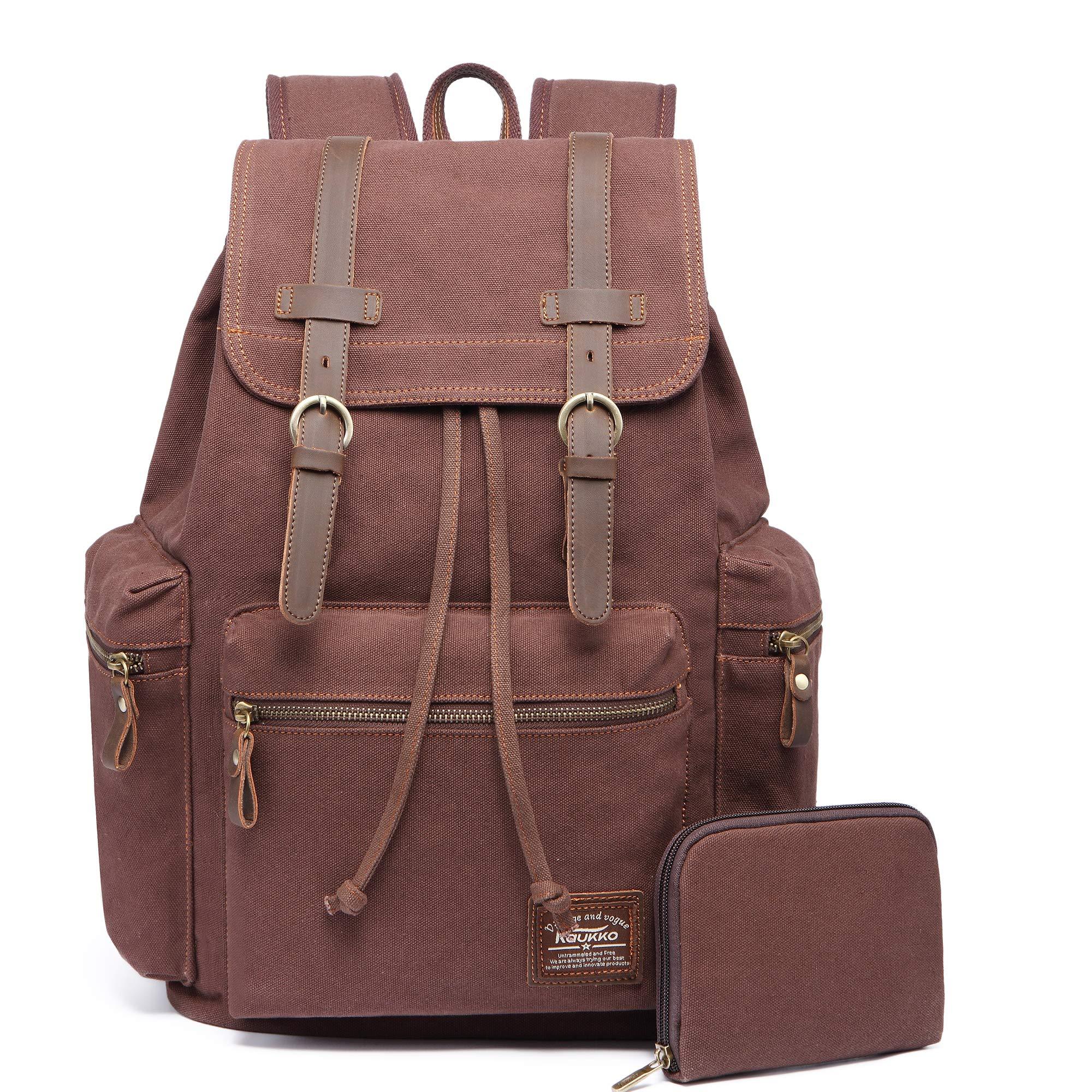 KAUKKO KAUKKO Vintage Casual Canvas and Leather Rucksack Backpack(FP702-1-COFFEE)