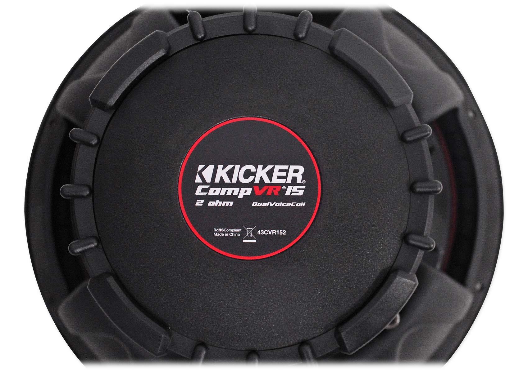 KICKER KICKER (2) 43CVR152 COMPVR 11000W DVC 2-Ohm Car Subwoofer Bundle with Dual Sub Box Enclosure Installation Kit and Rockville RD15 Dual 15 2.1 cu.ft. 3/4" MDF Sealed Car Sub Enclosure Box
