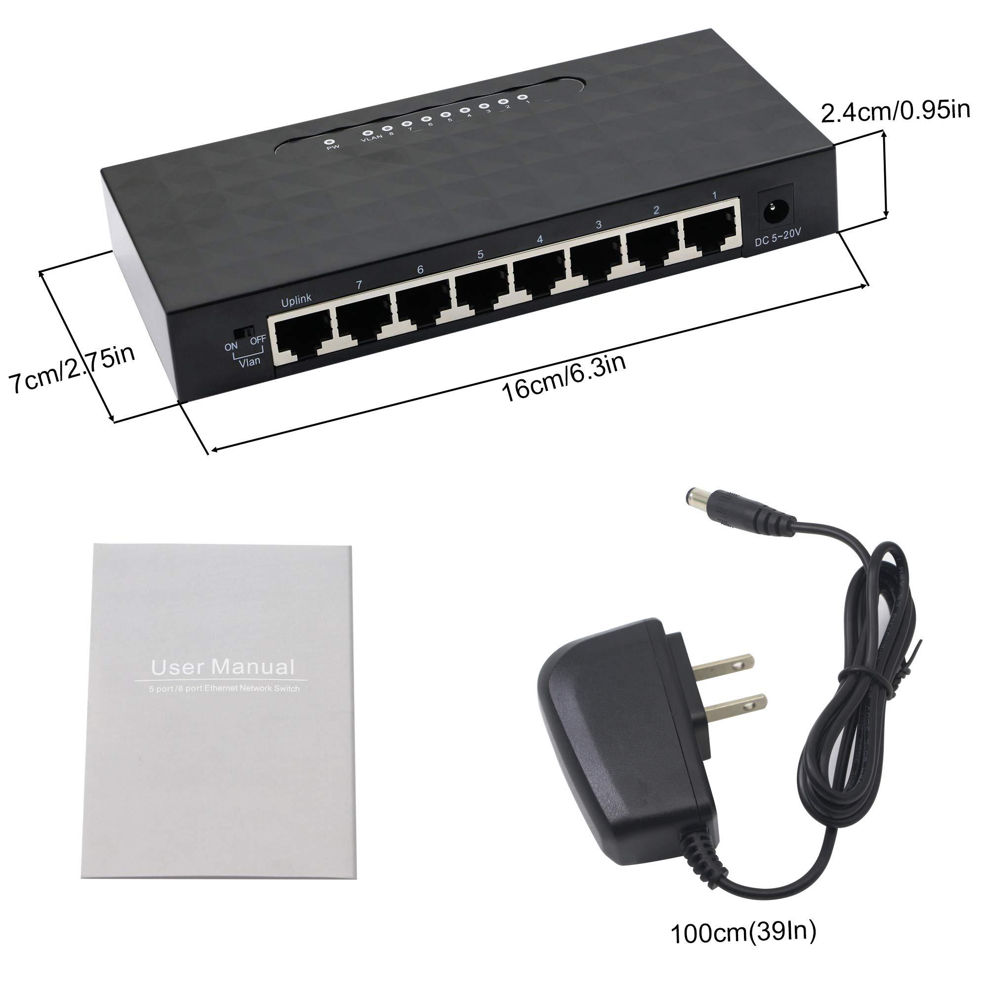 GINTOOYUN 8 Port Gigabit SwitchUnmanaged 10/100/1000Mbps Network Hub Ethernet Splitter,Plug and Play,Quiet Fanless,for Office and Home Entertainment.