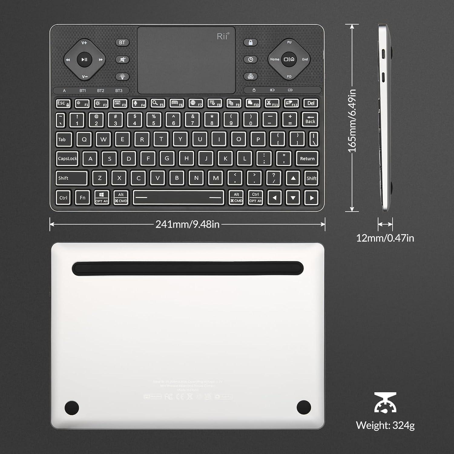 Rii Rii Wireless Keyboard K16,Bluetooth Keyboard with Touch Pad, Rechargeable Keyboard with RGB Backlit,Multimedia Compact Keyboard for Android TV,Projector,HTPC,Smart TV,Tablet,iPad,PC,Laptop