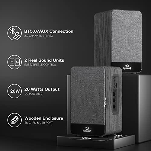 Redragon Redragon GS813 Wireless Desktop Speakers, 2.0 Bookshelf Speaker w/20W Output, BT 5.0/3.5mm AUX, Enhanced Bass/Treble Knob and TF Card/USB Flash Drive Supported