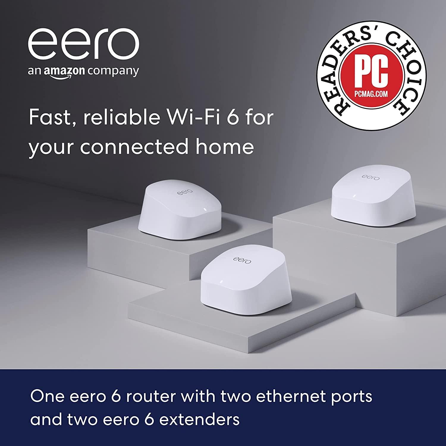 eero Certified Refurbished Amazon eero 6 mesh wifi system - Supports internet plans up to 500 Mbps, Coverage up to 4,500 sq. ft., Connect 75+ devices, 3-pack (1 router + 2 extenders)