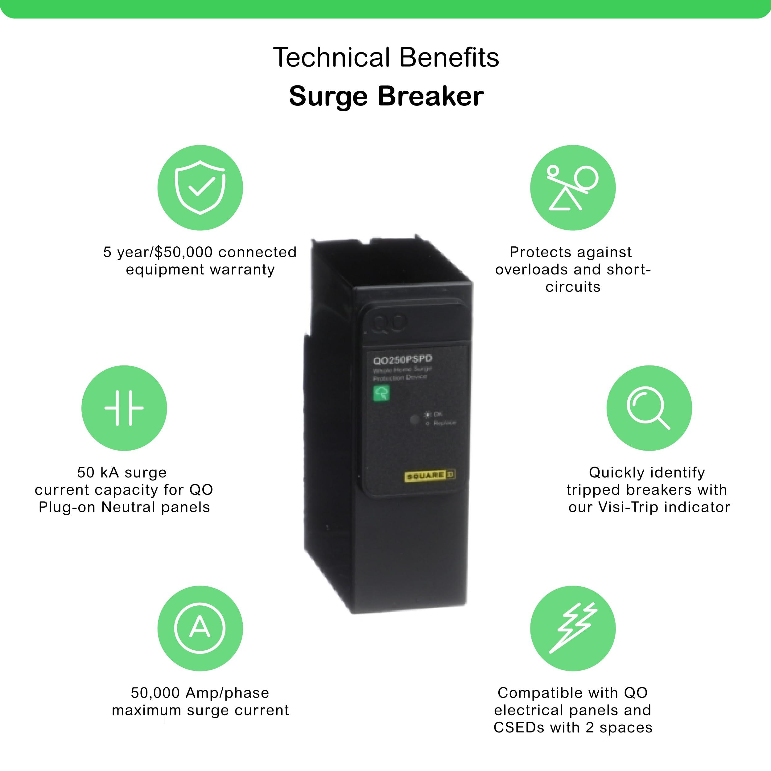 Schneider Electric Square D - QO250PSPD QO Whole House Surge Protection Device, 50kA, 120/240V, 1-Phase, No Wiring, Plug-On Neutral