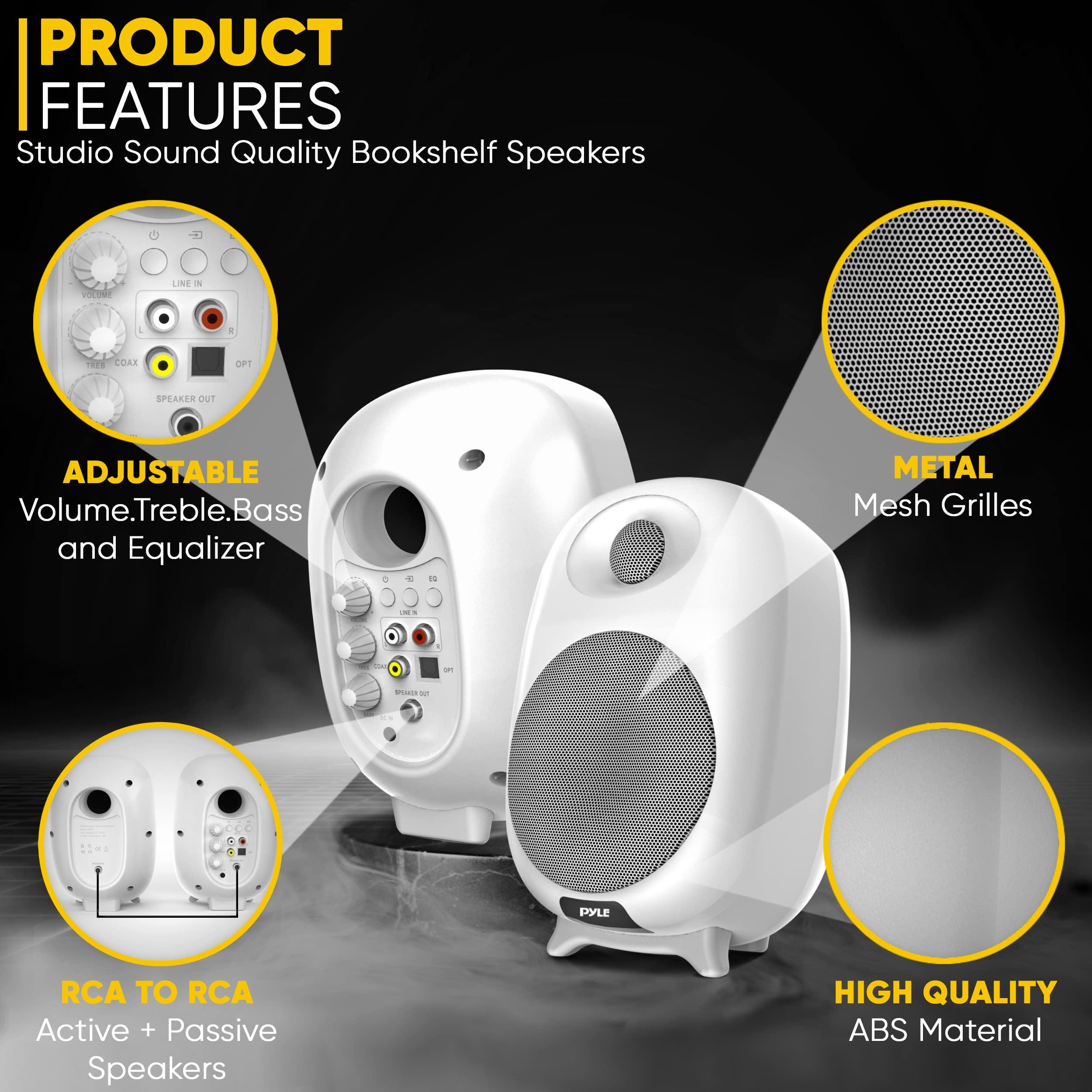 Pyle PyleUsa HiFi 60W Powered Bluetooth Bookshelf Monitor Speaker Set, Optical RCA in, Bass/Treble Adjustable, Deep Bass, 3 Audio Mode, Studio Computer Desk Stereo System, Remote Control, White - PBKSR40WT