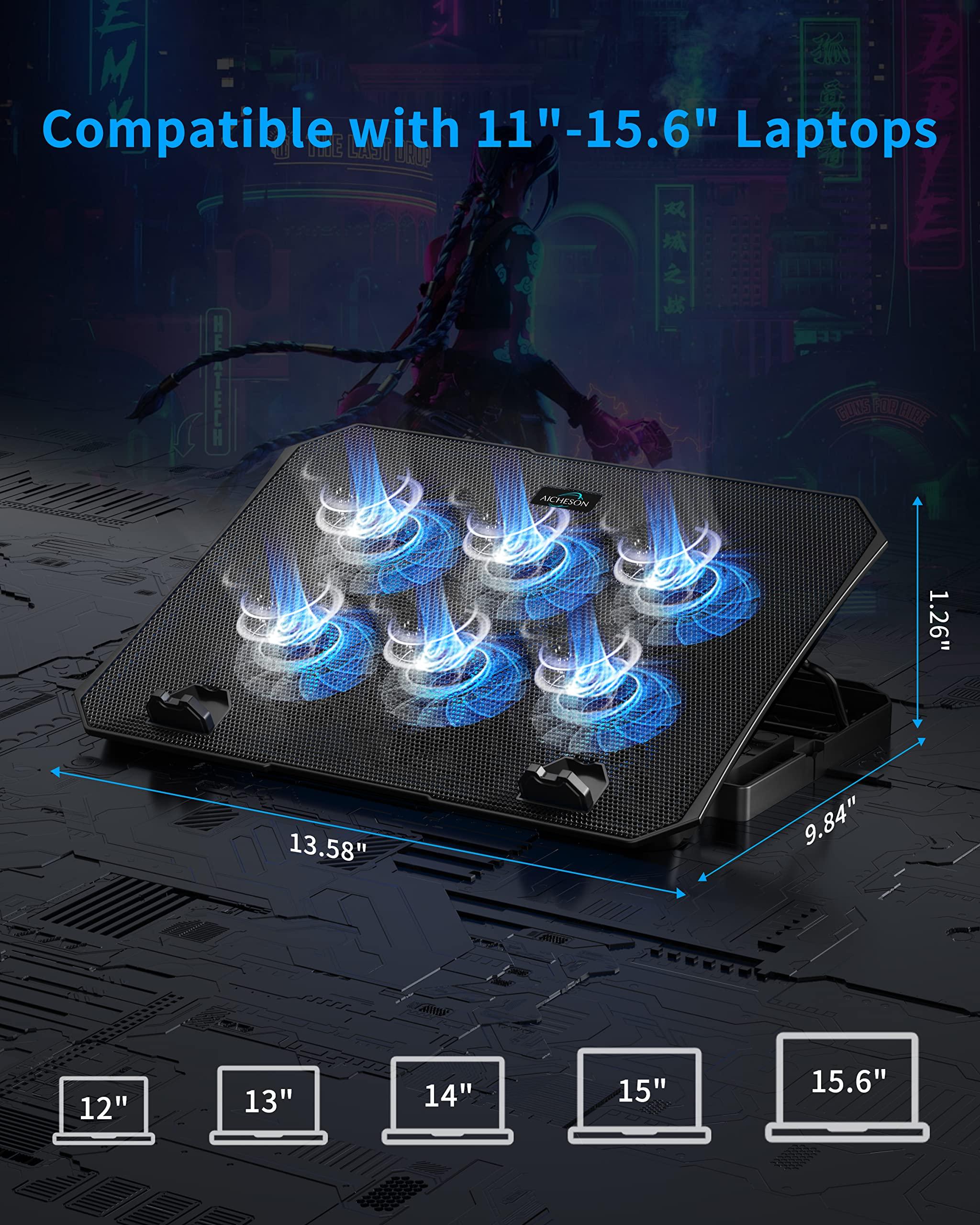 AICHESON AICHESON Laptop Cooling Pad for 12-15.6 Inch, 6 Cooler Fans with Blue Lights, Laptop Cooling Stand with 2 USB Ports (Blue)