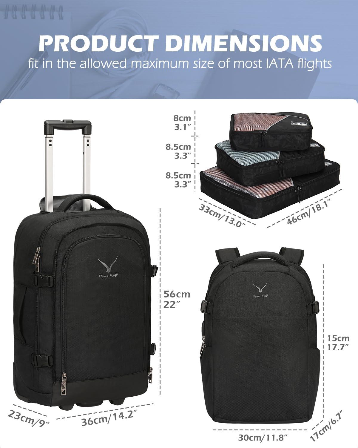 Hynes Eagle Hynes Eagle 2 in 1 Travel Backpack 22 inches Carry on Luggage 63L Rolling Backpack for Men Women with Packing Cubes 3PCS Set Black Waist Pack Beige