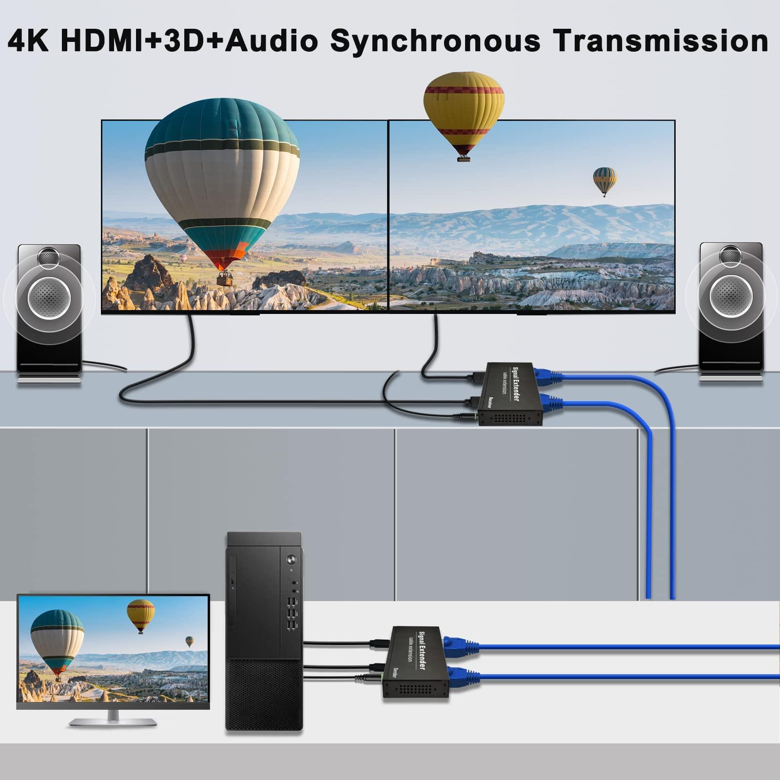 LornCeng Dual Monitor KVM Extender Over Cat5e/6/7 up to 120M(394ft), 4K@30Hz Dual HDMI KVM Extender for 2 Monitors, 2 rj45 Ports, 4 USB2.0 Hub Over Ethernet, Audio&Microphone