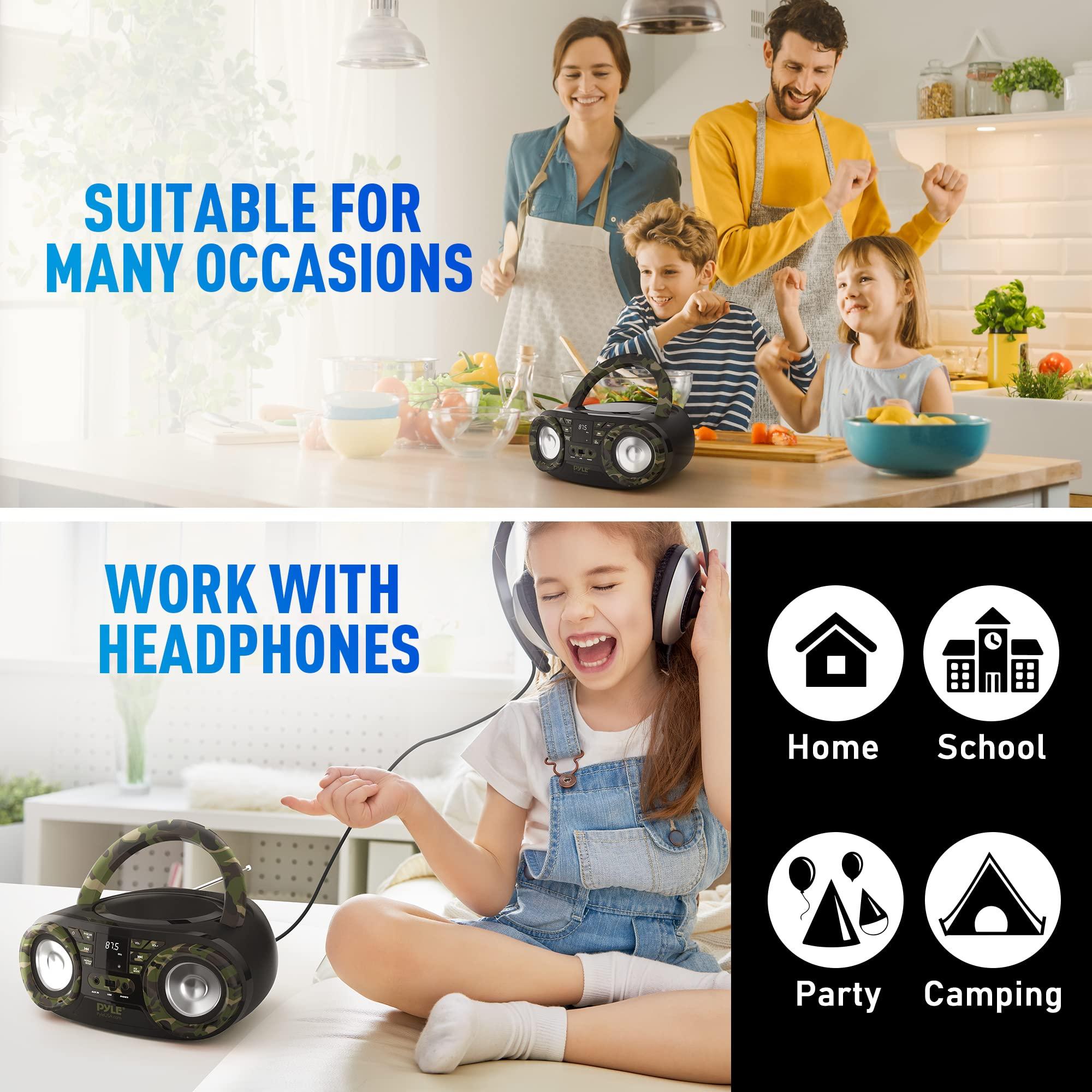 Pyle Pyle Portable CD Player Bluetooth Boombox Speaker - AM/FM Stereo Radio & Audio Sound, Supports CD-R-RW/MP3/WMA, USB, AUX, Headphone, LED Display, AC/Battery Powered, Camouflage - Pyle PHCD55.5