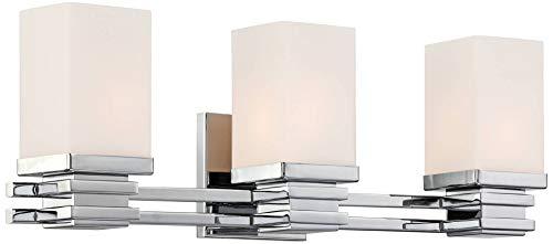 Possini Euro Design Possini Euro Design Bennett Modern Wall Light Chrome Silver Hardwired 22" Wide 3-Light Fixture Mounted Etched White Opal Glass Rectangular Shade Bathroom Vanity Mirror House Home Hallway Room Decor