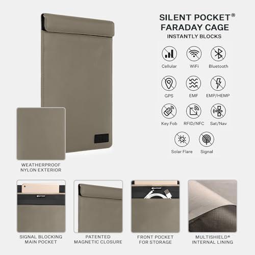 Silent Pocket SLNT Faraday Bag Tablet Sleeve with Silent Pocket - Weatherproof Nylon, Signal Blocking Device Shielding for iPad, Samsung Galaxy Tab, Most Tablets, Travel, Privacy (Light Grey, X-Large)