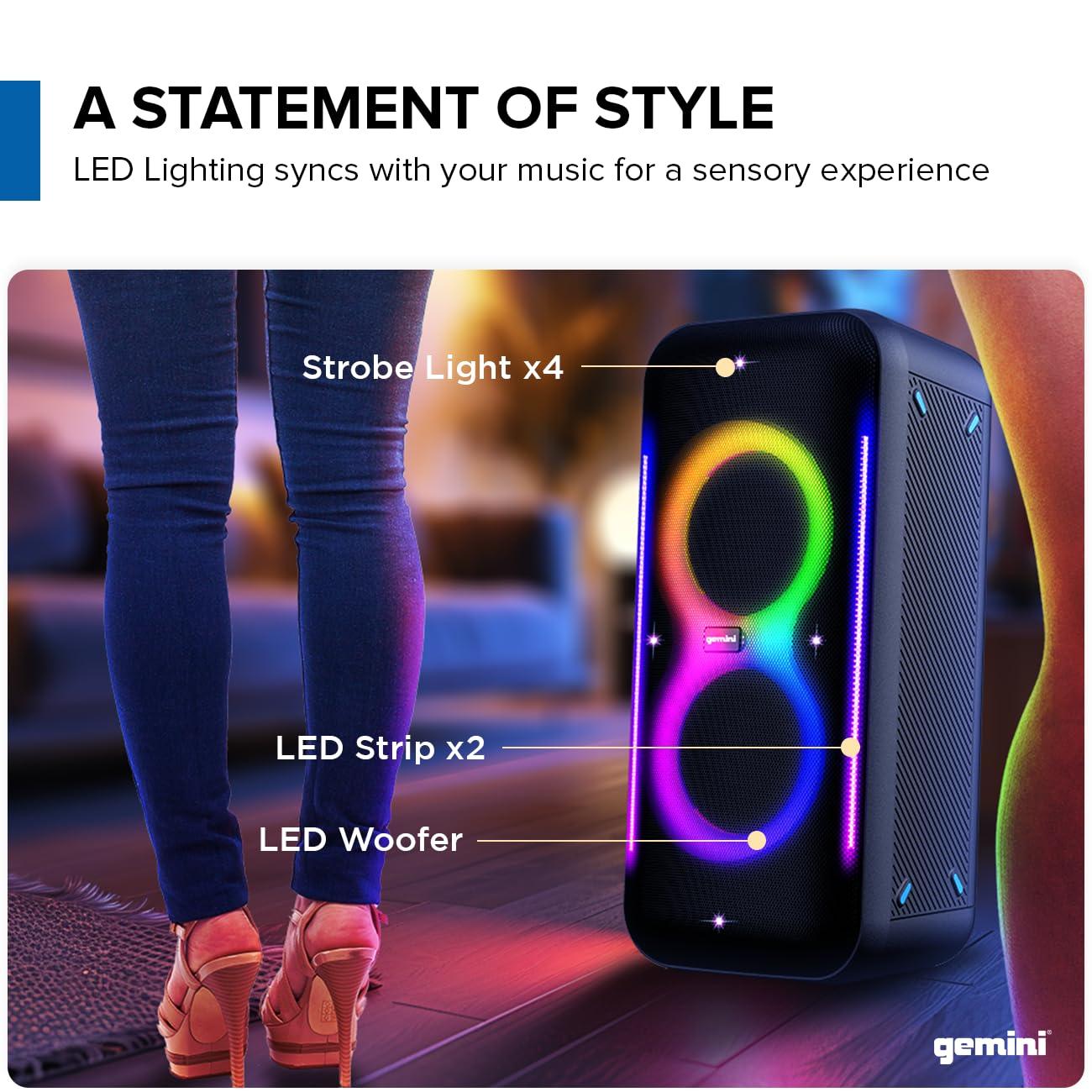 Gemini Sound Gemini UltraRave Duo 400W Bluetooth Party Speaker with Dual 6.5" Woofers, LED Lights, Wireless Mic, and Stereo Pairing for Indoor & Outdoor Events (GRV-2650L)