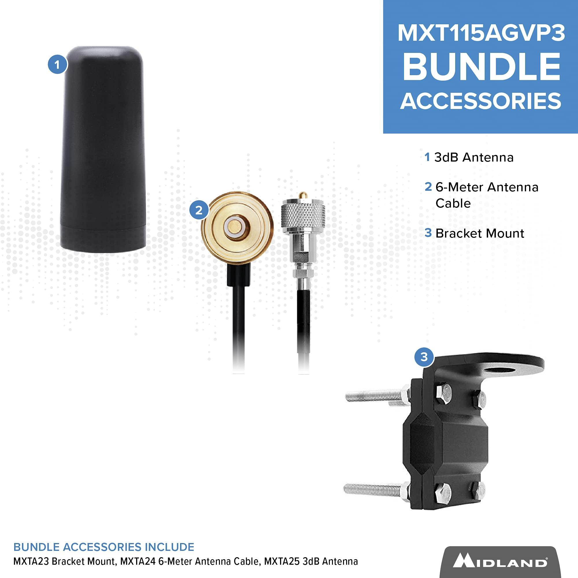 Midland Midland MXT115AGVP3 - 15 Watt GMRS MicroMobile Two Way Radio - Off Roading Outdoor Farm Radio - Extended Range 3dB gain Ghost Antenna, Antenna Cable, Mounting Bracket - Farm Tractor Bundle