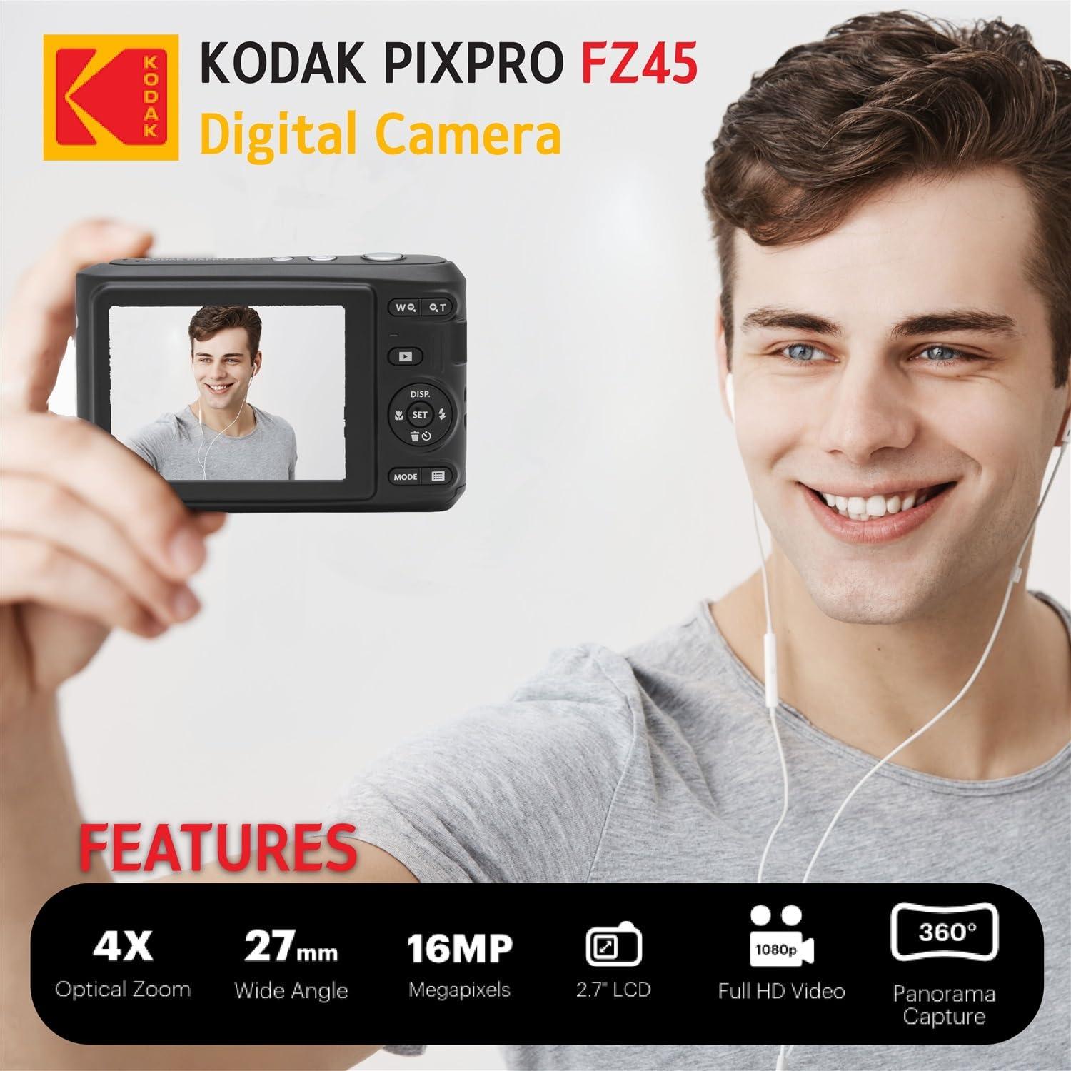 PHOTO4LESS Kodak PIXPRO FZ45 Digital Camera Bundle with Black Point & Shoot Camera Case + Transcend 64GB SD Memory Card + Tri-fold Memory Card Wallet + Hi-Speed SD USB Card Reader + More (Black)