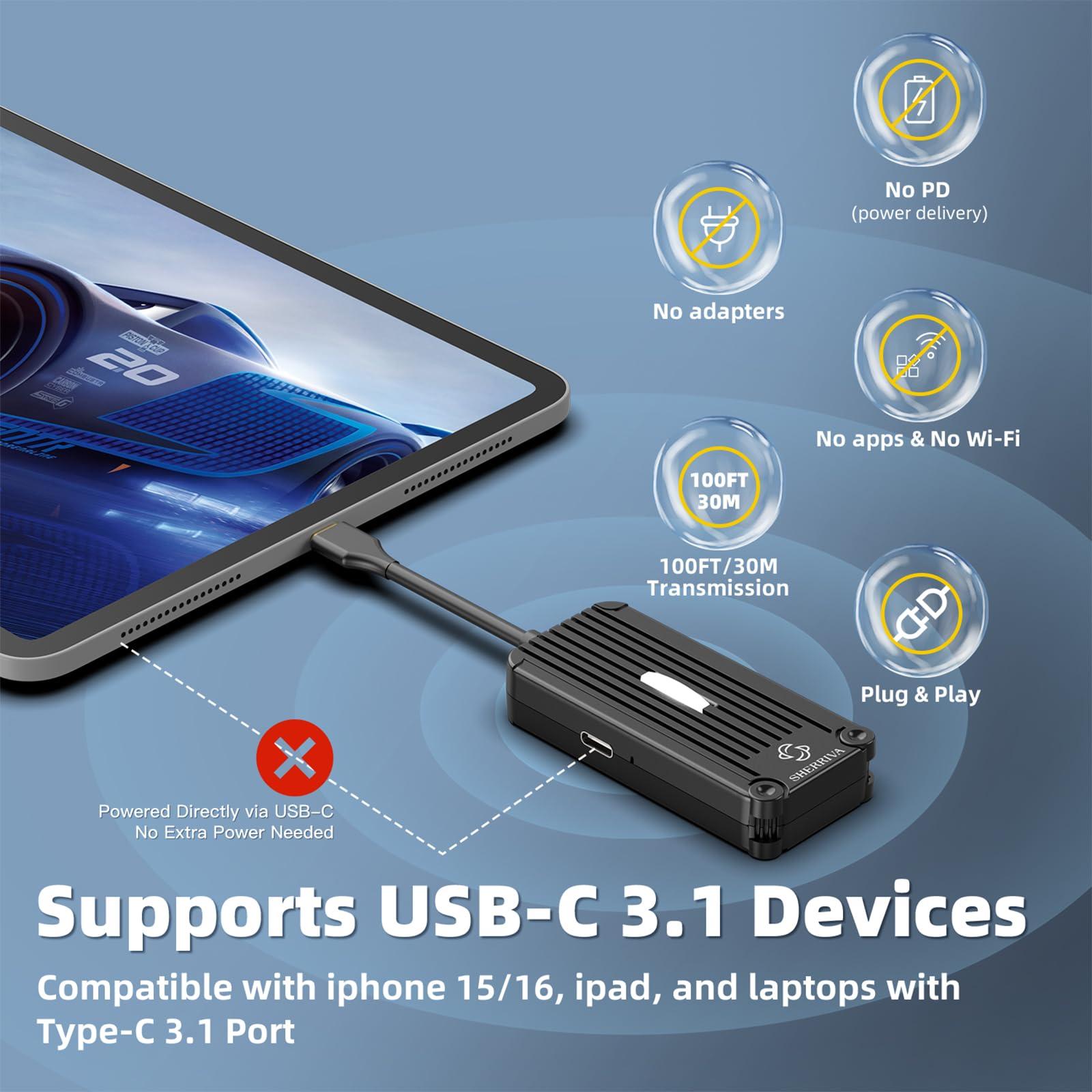 SHERRIVA USB-C Wireless HDMI Transmitter and Receiver, Plug & Play 1080P@60Hz, 2.4G/5G Streaming, 100FT Range, Compatible with Smartphone, Laptop, Netflix, Projector, HDTV, No App/WiFi Required