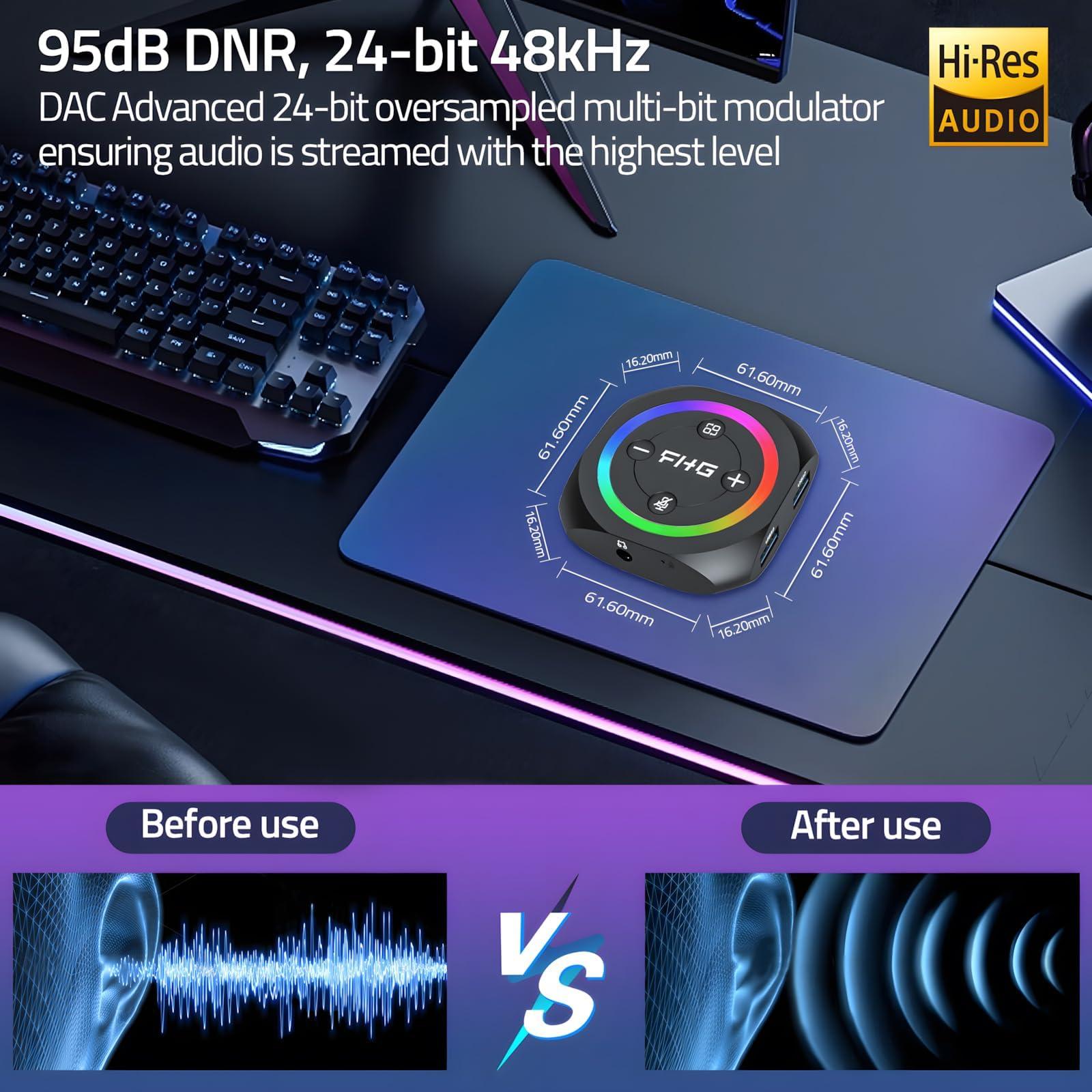 FHG FHG DAC, External USB Sound Card Gaming DAC with 7.1 Virtual Surround Sound for Gaming Headset/PS4/PS5/Xbox One, 5 in 1 Hub, Supports AI Noise Cancellation w/Mic