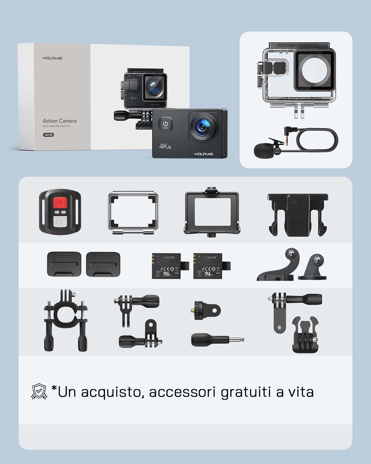 WOLFANG WOLFANG Action Camera 4K 20MP GA100, Waterproof 40M Underwater Camera for Snorkeling, EIS Stabilization WiFi 170 Wide Angle Helmet Camera for Vlogging with External Microphone, Remote Control