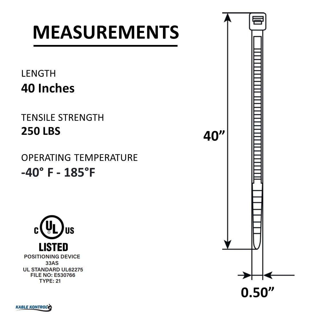 KABLE KONTROL Kable Kontrol Cable Zip Ties Black 1,000 Pcs 40 Inch, 250 Lbs Tensile Strength, Bulk Pack, Self-locking UV Resistant Plastic Nylon Wire Ties, for Indoor or Outdoor Use
