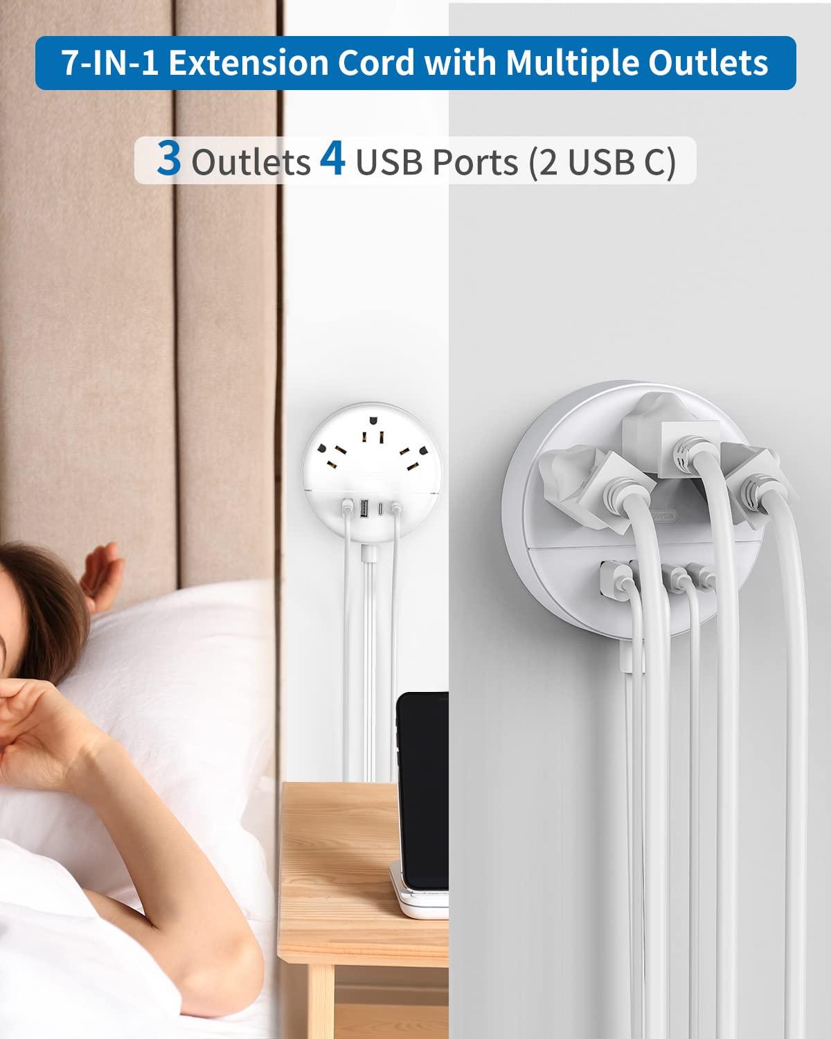 NTONPOWER Flat Extension Cord 25 ft, NTONPOWER Flat Plug Power Strip with 3 Outlets 4 USB Ports(2 USB C), Ultra Thin Extension Cord Under Carpet, Mountable, Long Outlet Extender for Indoor Home Office Room