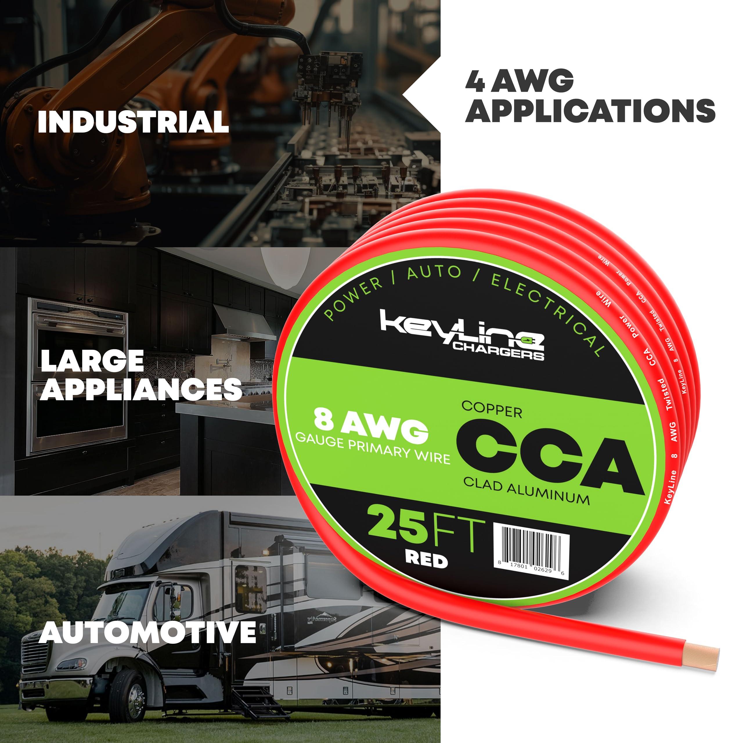 KeyLine Chargers 8 Gauge Amp Wire - 25ft Red | Best Used for Battery Cable, Marine Speaker Wiring, Solar Systems for RV Trailer, Car Audio, 8 AWG Automotive Copper Clad Aluminum (CCA)