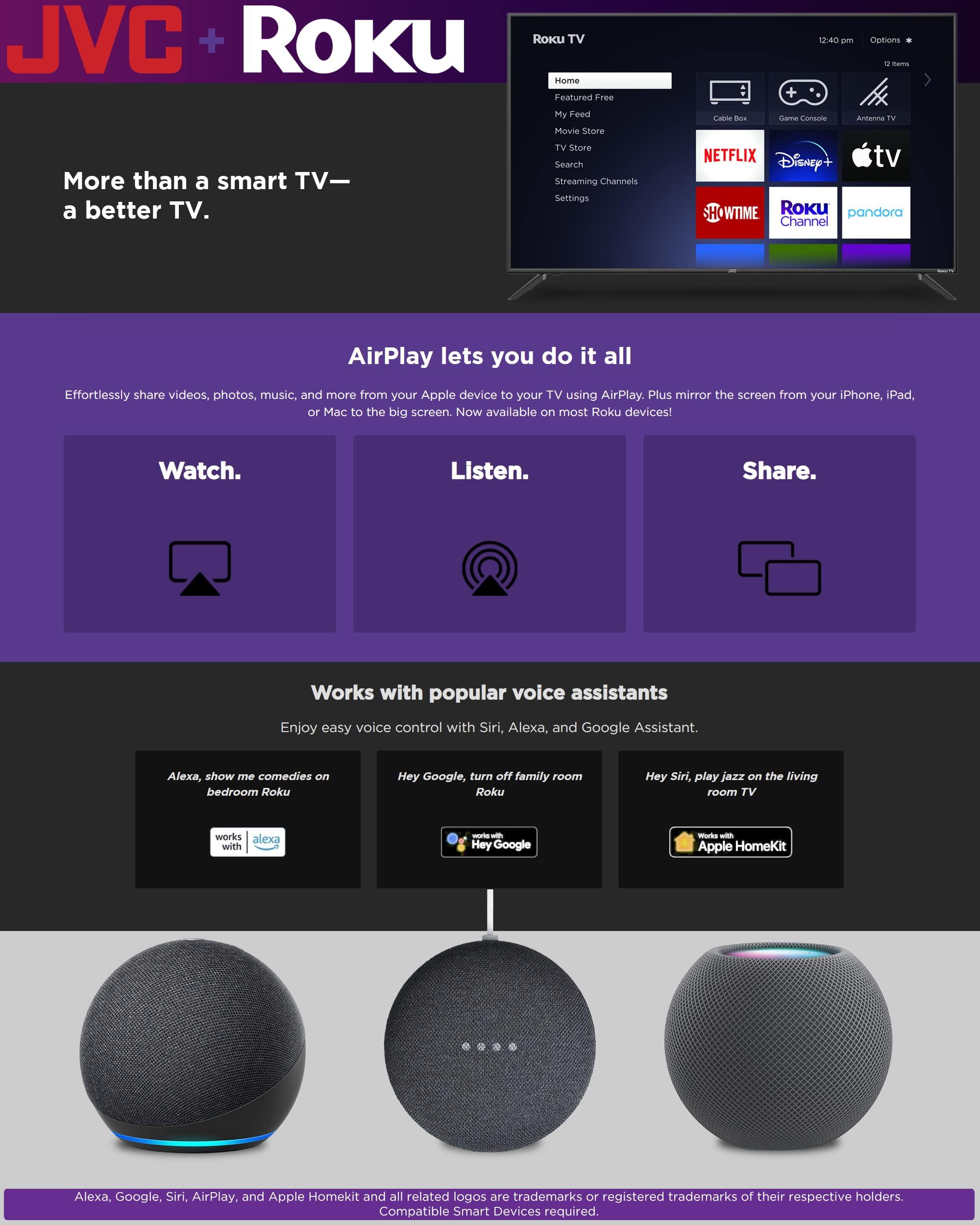 JVC JVC 32-Inch 720p HD LED Roku Smart TV with Voice Control App, Airplay, Screen Casting, & 300+ Free Streaming Channels (LT32MAW2)