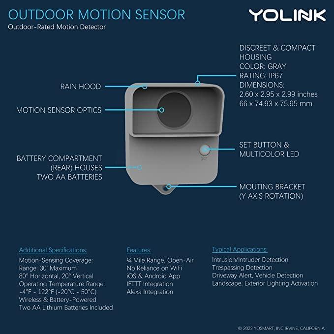 YoLink YoLink LoRa Smart Outdoor Motion Detector Sensor, Driveway Alert, Property Invasion/Tresspassing Detector, 1/4 Mile Open Air Range, Email/SMS/Push Alerts, Alexa, IFTTT, Home Assistant (Hub Required)