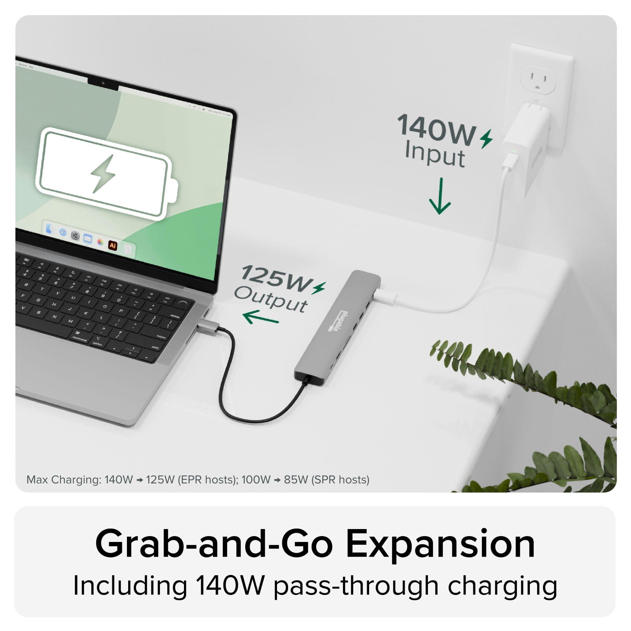 Plugable Plugable USB C Hub Multiport Adapter (9-in-1) 140W Power Delivery Charging, 4K 60Hz HDMI, 10Gbps USB-C and USB-A, Ethernet, SD | for USBC, USB4, Thunderbolt MacBook, Windows, Chromebook (USBC-9IN1E)