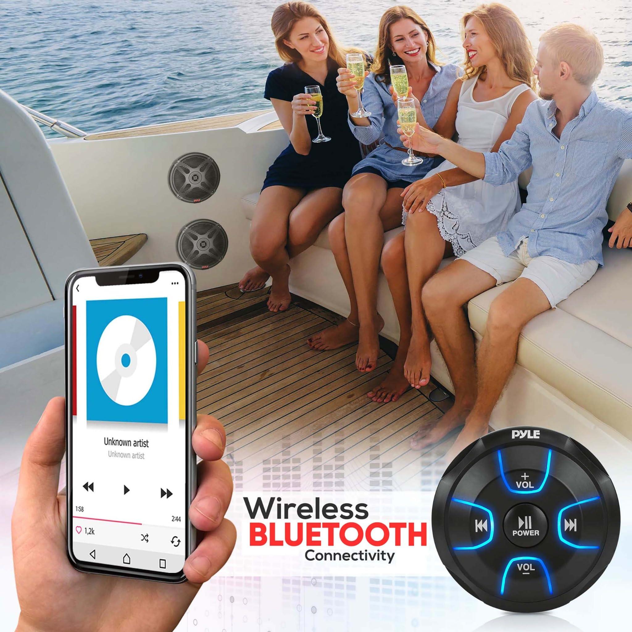 Pyle Pyle 6.5\'\' Dual Marine Speakers Kit - Waterproof-Rated w/Amplified Bluetooth Remote Control Receiver for Powersport Vehicles, IP65 Marine Grade Rating, 600 Watt Max Power PLMRKT8, Black