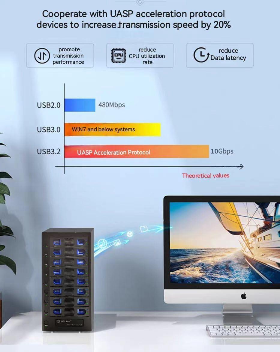 IO CREST 8 Bay Tool Less Tray Hot Swapable 2.5" and 3.5" SATA Hard Drive External USB-C 3.2 (10Gbps) Hard Drive Enclosure. Support up to 8X 22TB Capacity.