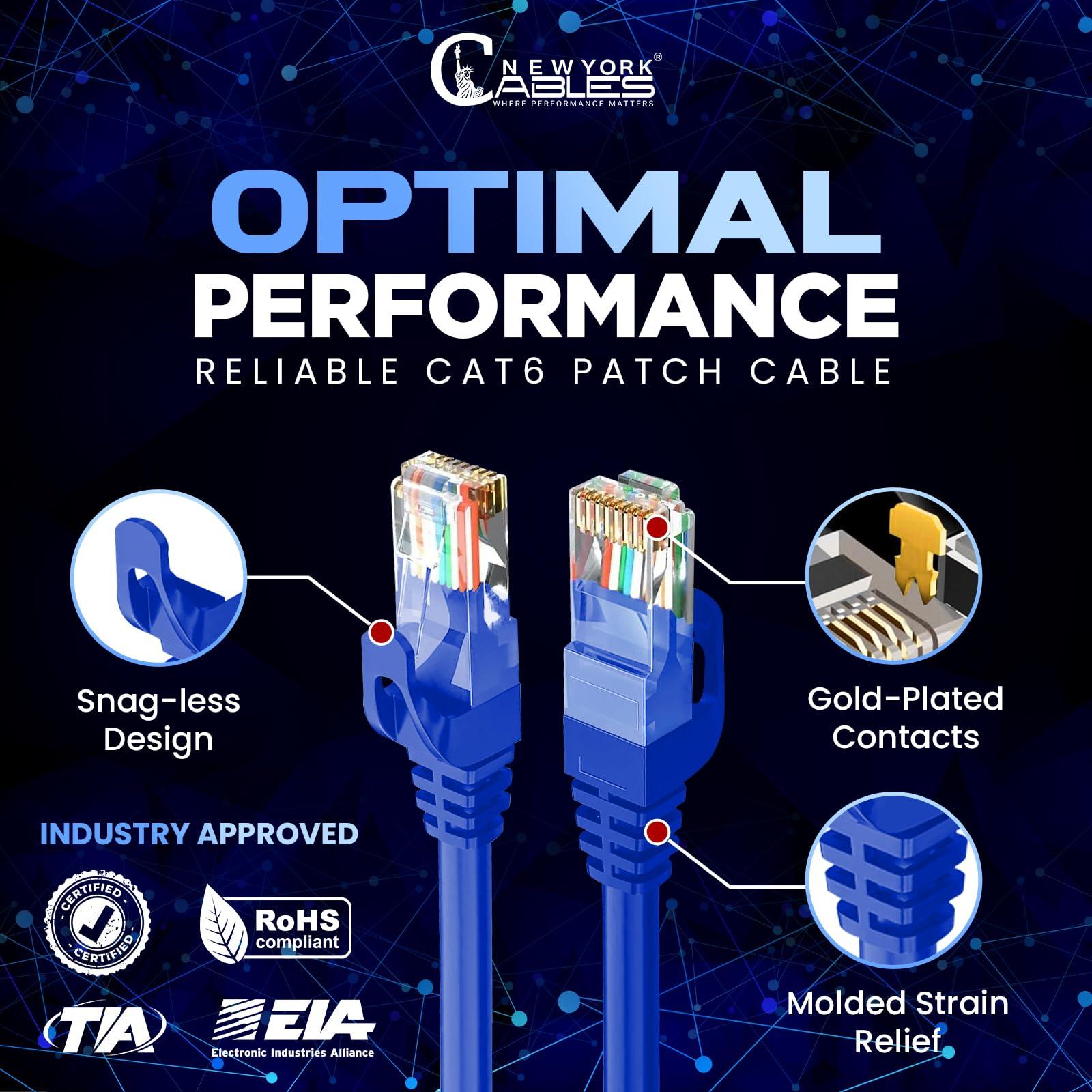 NewYork Cables NewYork Cables Cat6 Ethernet Patch Cable 10ft (10 Pack), Snagless Cat6 Patch Cables for Data Centers, 10Gbps, 550Mhz Ethernet Cord, Bare Copper Network Patch Cables for Home and Enterprise -Blue