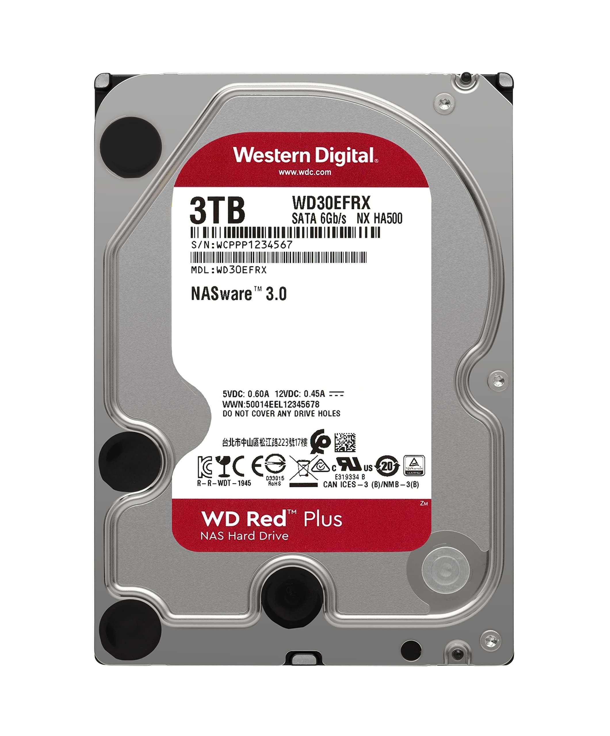Western Digital Western Digital 3TB WD Red Plus NAS Internal Hard Drive HDD - 5400 RPM, SATA 6 Gb/s, CMR, 64 MB Cache, 3.5" - WD30EFRX