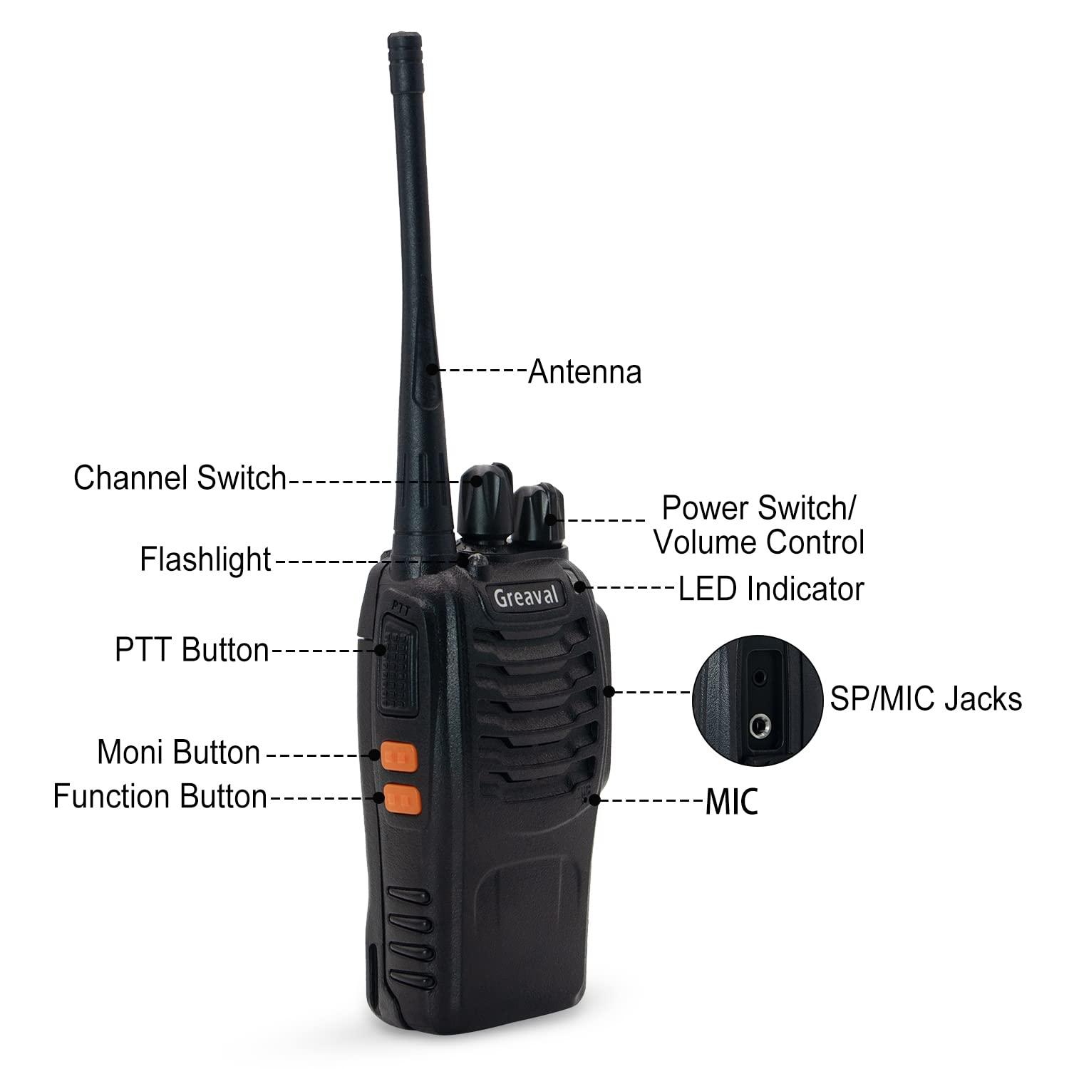 Greaval Greaval GV-8S Long Range Walkie Talkies with Six-Way Multi-Unit Charger for Adults, 6 Pack Rechargeable Walkie Talkies with 12 Li-ion Batteries, Two-Way Radio with Earpieces and Mic