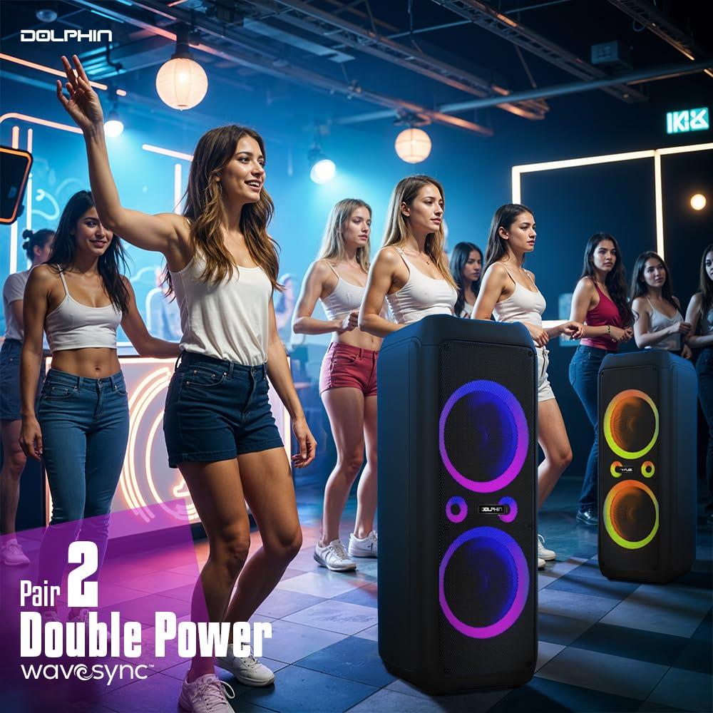 Dolphin Dolphin SP-1270RBT Dual 12-Inch Premium Party Bluetooth Speaker, Bluetooth/USB/SD/FM/AUX, X-Bass, 5-Band EQ, LED Display, Quad Ring Lights
