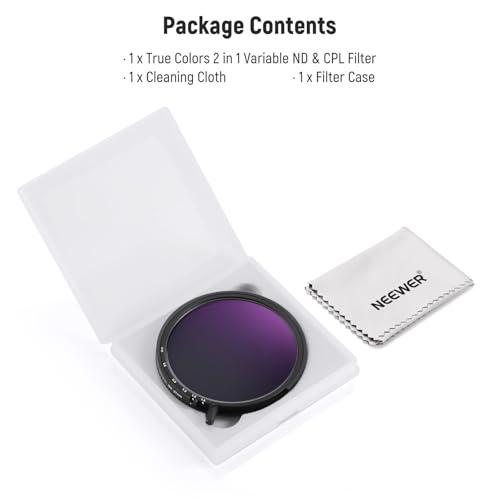 NEEWER NEEWER 67mm True Colors Variable ND&CPL Filter with Putter, ND3-64(1.5-6 Stops), 2 in 1 Adjustable Limited Neutral Density & CPL Filter, Multi Coated HD Optical Glass/Aluminum Frame/Scratch Resistant