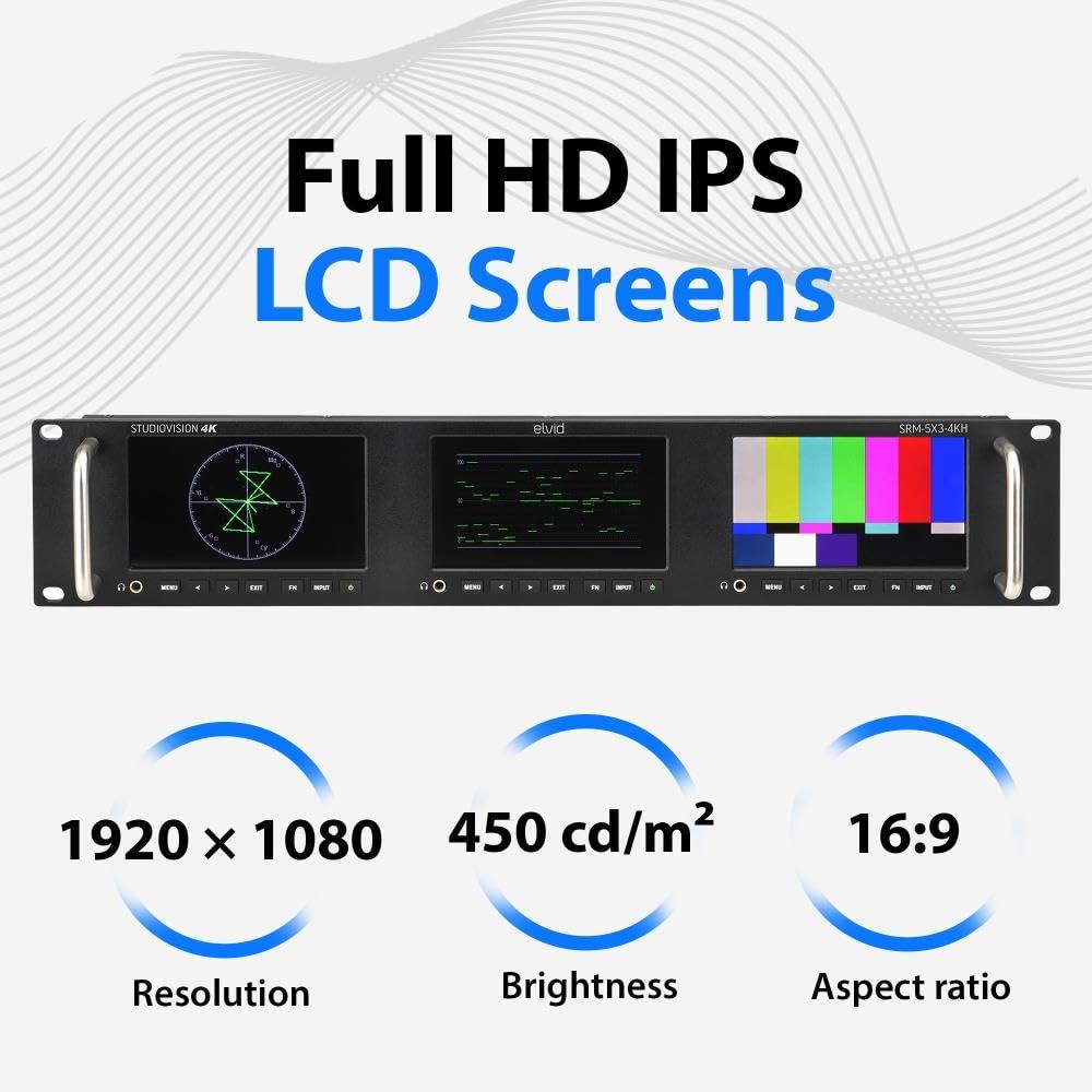 ELVID ELVID Triple 5" Full HD Rackmount Monitor Triple IPS Displays, HDMI & 3G-SDI Inputs, Wide Viewing Angle, 3D LUT Support, Integrated Waveform & Vectorscope, Ethernet Control