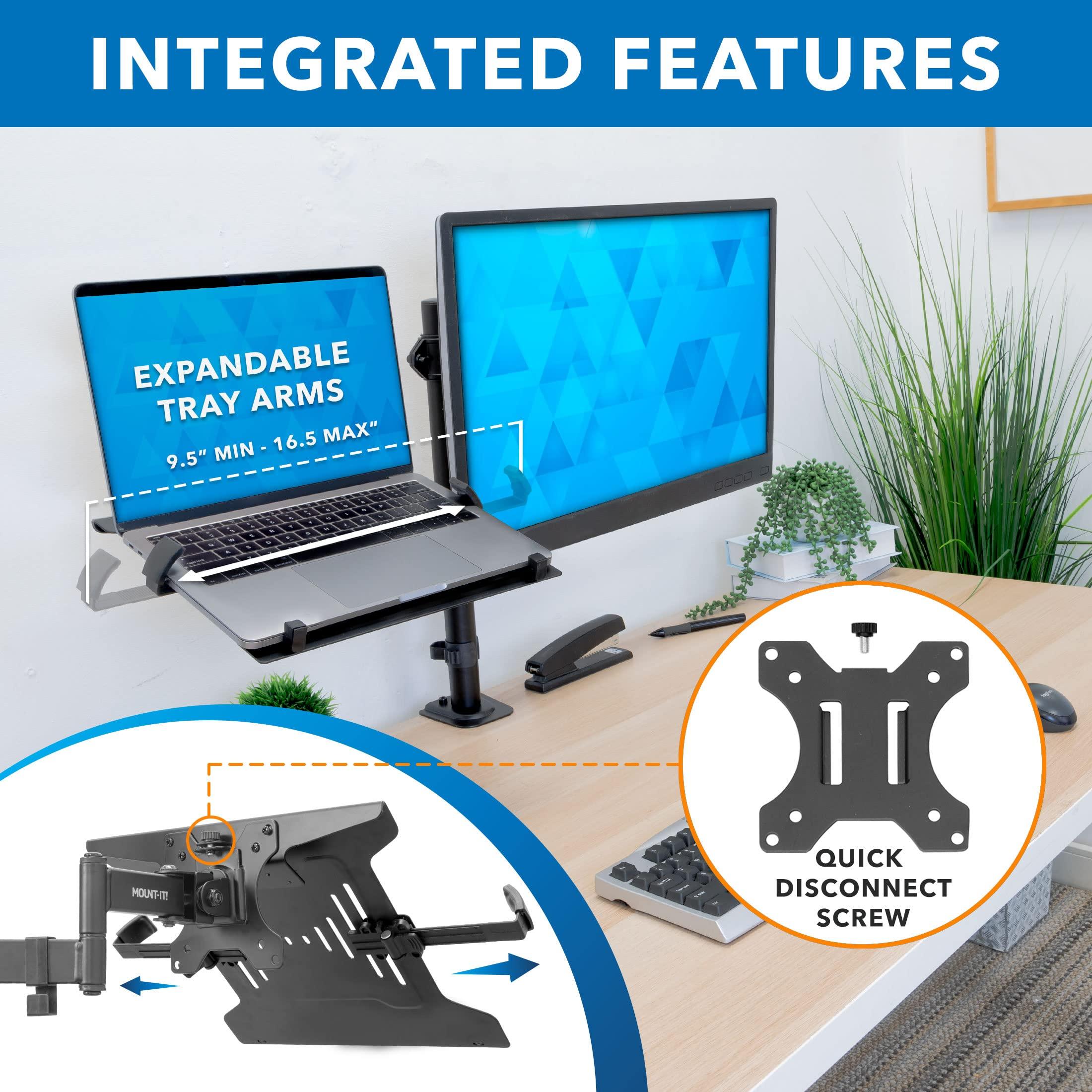 Mount-It! Mount-It! Laptop Pole Mount Tray | Full Motion Laptop Mount Fits Up to 15.6 Laptops | Universal Laptop Stand for Add On to Monitor Mounts