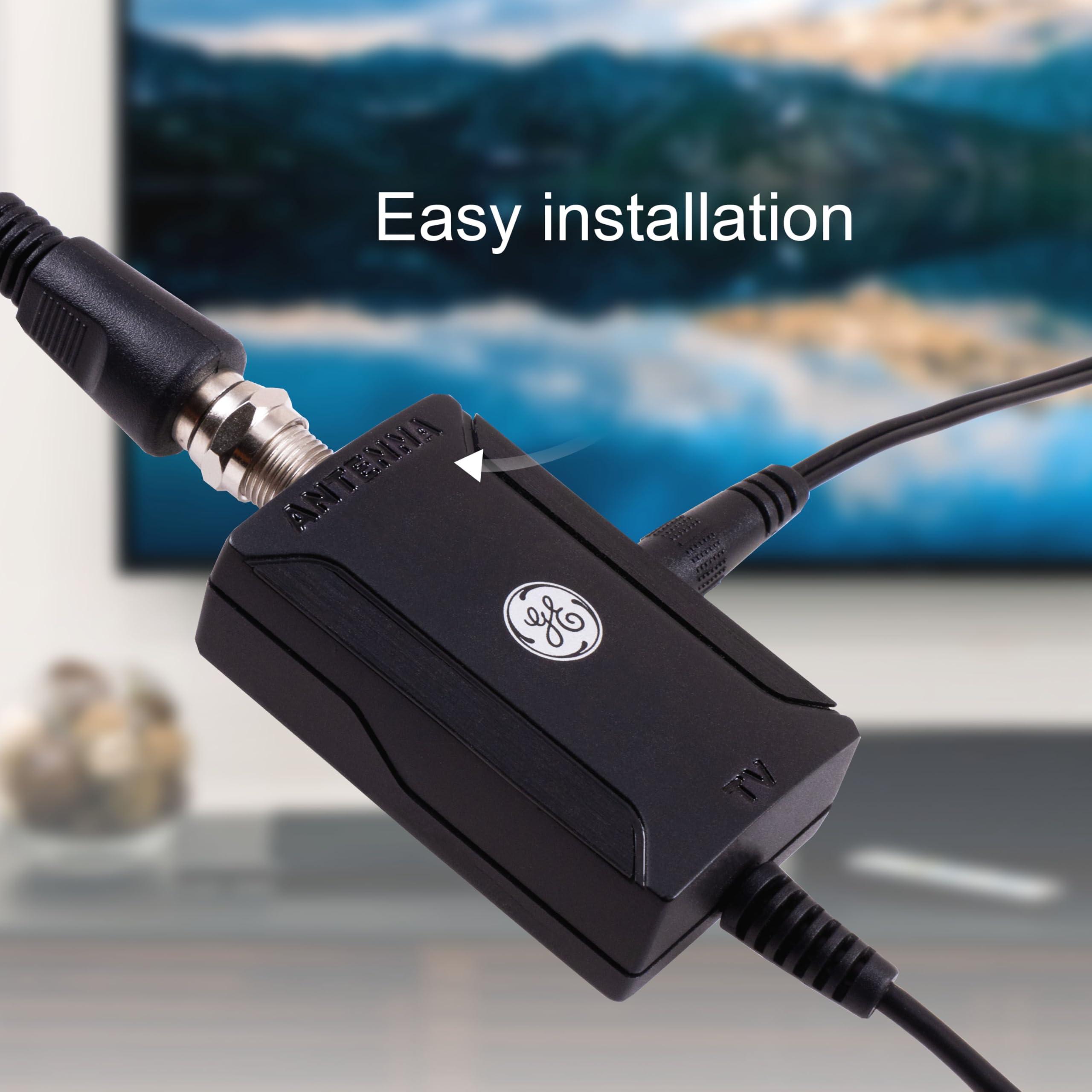 General Electric GE Indoor HD Digital TV Antenna Amplifier, Low Noise Antenna Signal Booster, Clears Up Pixelated Low-Strength Channels, Supports HD Smart TV VHF UHF, AC Adapter, Black, 42178