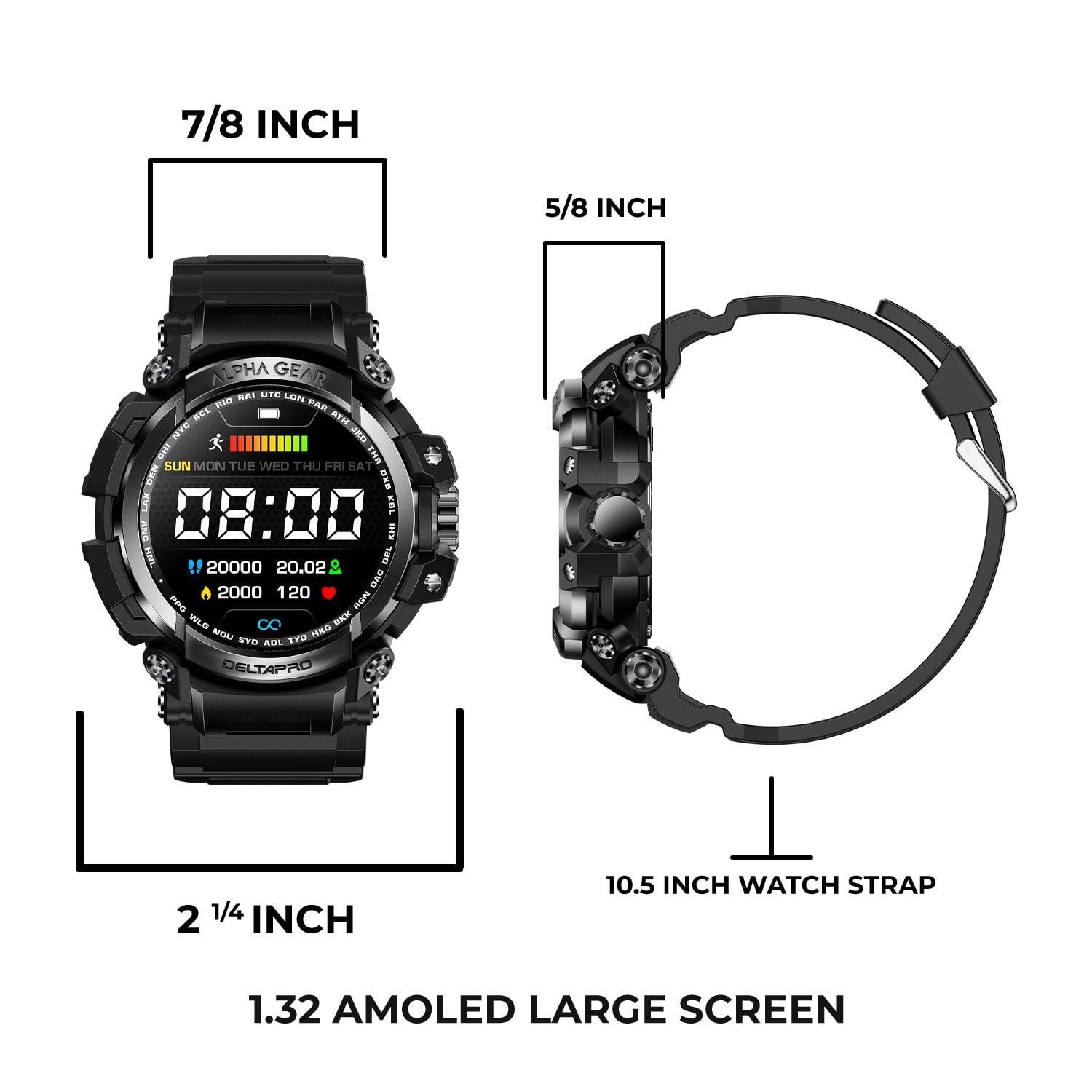 ALPHAGEAR ALPHAGEAR Delta PRO Smartwatch for iPhone & Android, Rugged Smart Watch (Answer/Make Call), Wellness Tracker with 1.58" AMOLED Screen, 10-14 Days Battery, 5 ATM (2xScreen Protector Included)