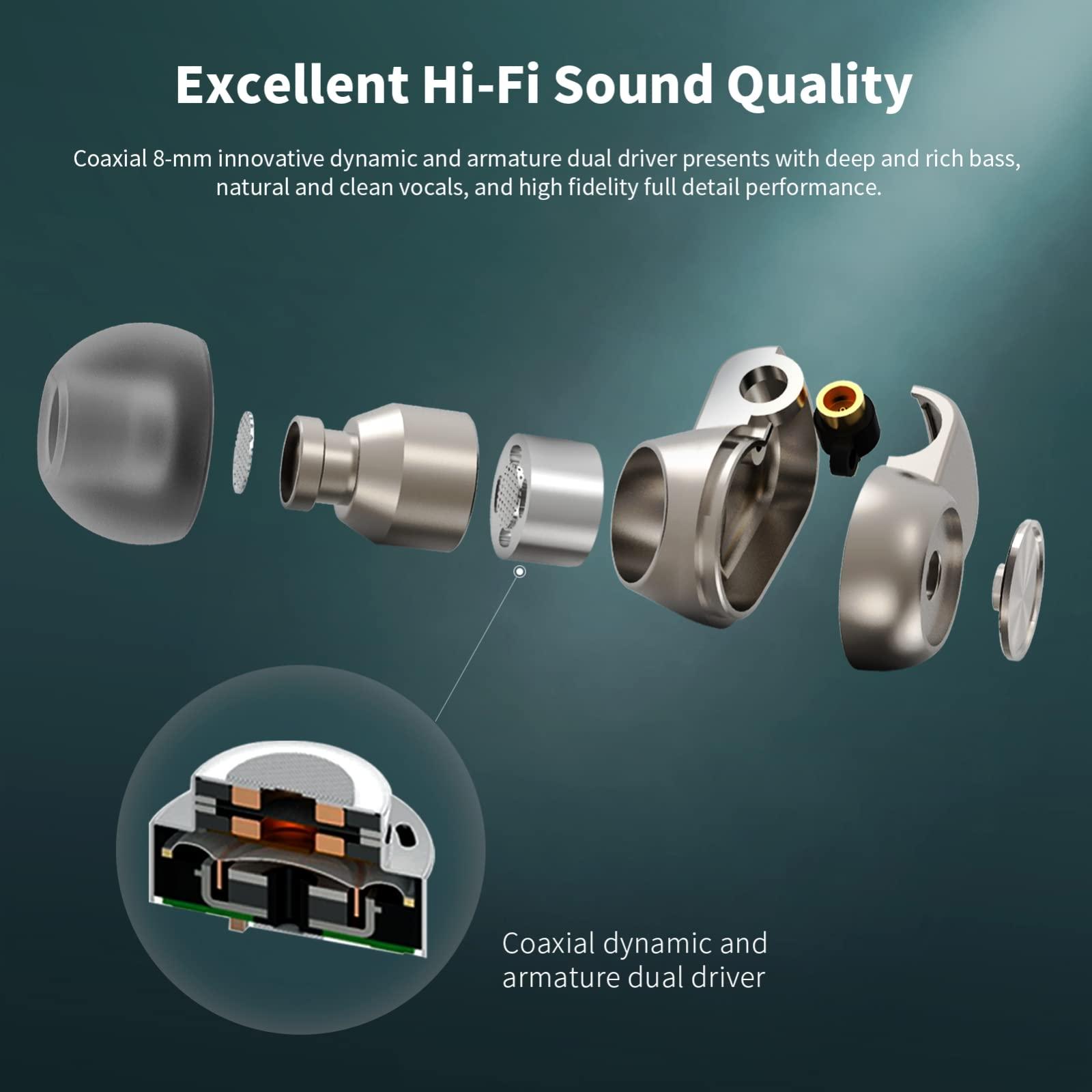 SoundMAGIC SoundMAGIC E90C Wired Earbuds with Microphone - Coaxial Dual Driver in Ear Monitor Earphones HiFi Stereo Over-Ear Hooks IEM Headphones with Detachable Cable for Musician Audiophile