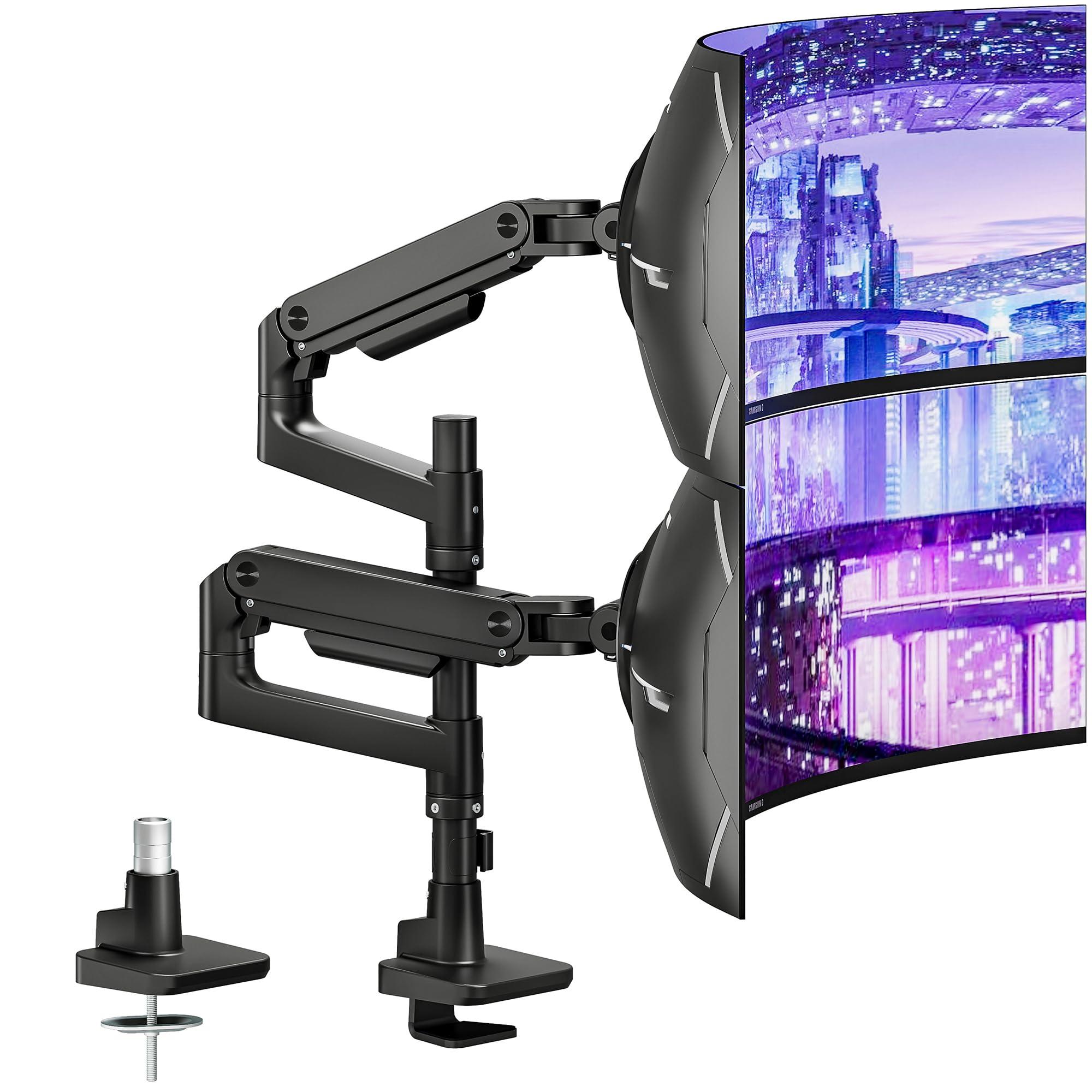 ARES WING ARES WING Dual Monitor Arm Desk Mount for 17-49 Inch Ultrawide Monitors, Heavy Duty Dual Monitor Mount Holds 44 lbs, Full Motion Gas Spring Vertical Stacked Monitor Mount, 75/100 VESA Mount, Black
