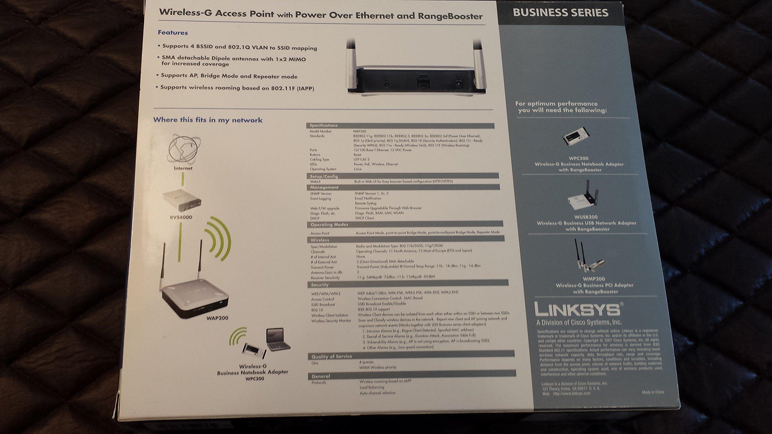 Linksys Cisco WAP200 Wireless-G Access Point - PoE/Rangebooster. SMALL BUSINESS WRLS-G ACCESS POINT POESPEEDBOOSTER MIMO QOS WL-AP. 54Mbps