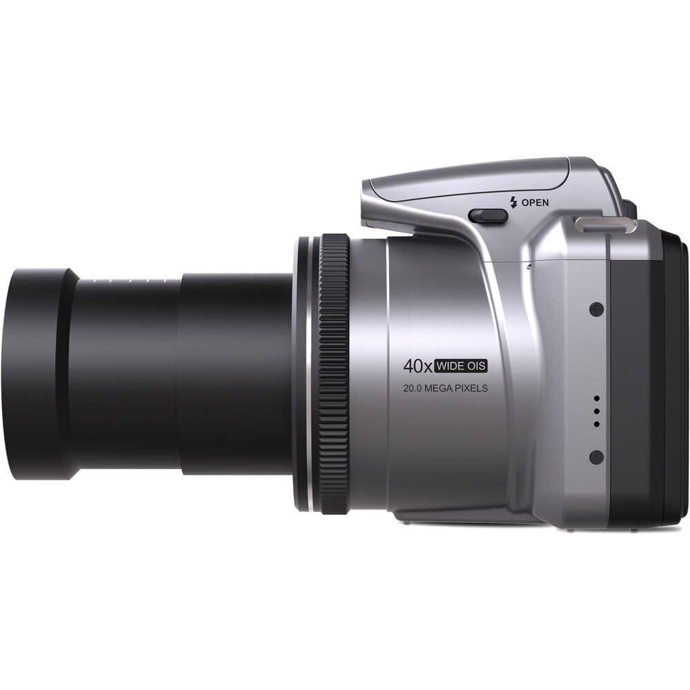 Minolta MINOLTA MN40Z 20 Mega Pixels 40x Optical Zoom Digital Camera with 1080p FHD Video, Silver, Bundle with 64GB Memory Card + Vlog Tripod + 4xAA Battery with Charger + Accessories