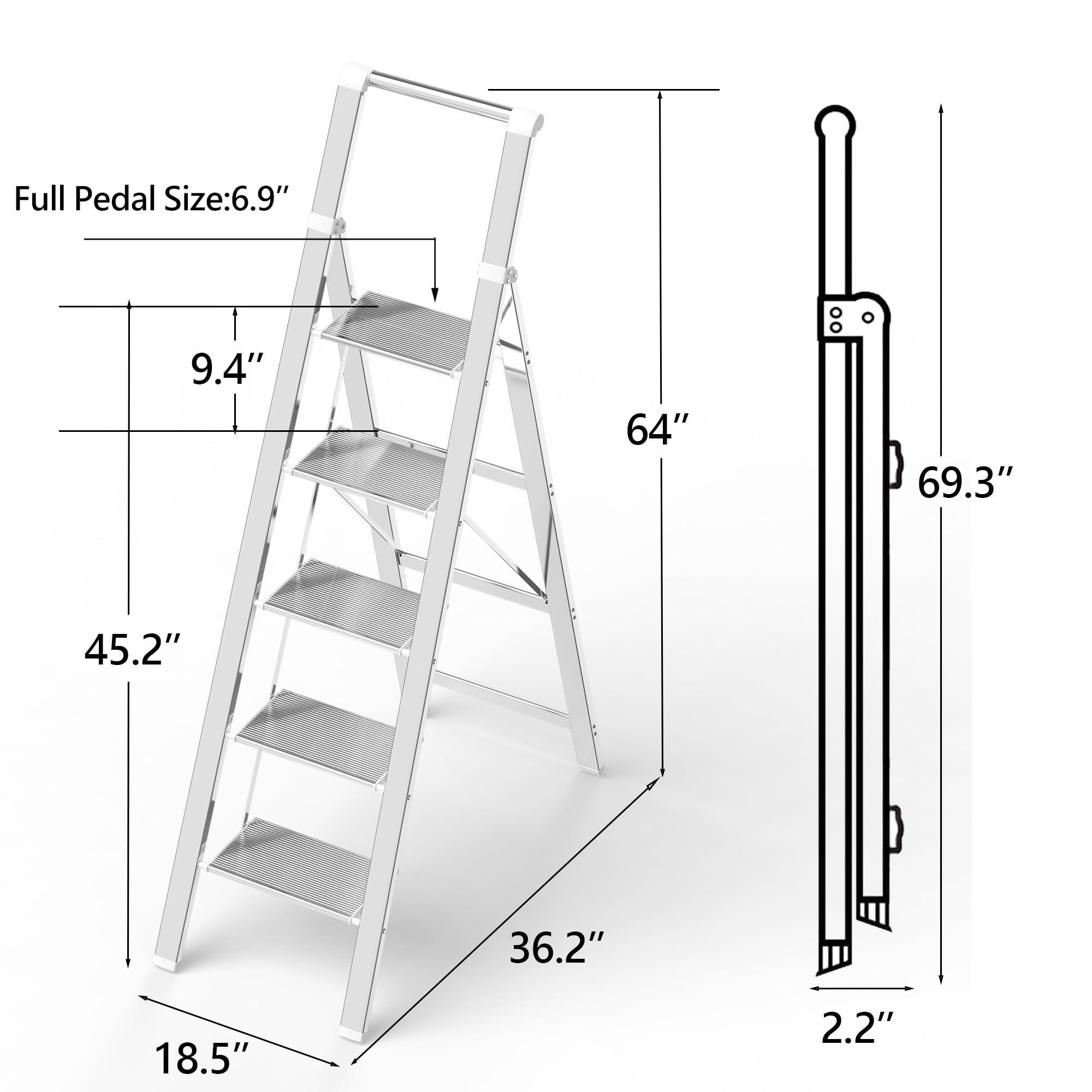 Soladder SOLADDER 5 Step Ladder, Folding Step Stool, White Foldable Ladder for 10 Foot High Ceiling with Anti-Slip Wide Sturdy Pedal and Handgrip, Multi-Use for Home (300 lbs Capacity)